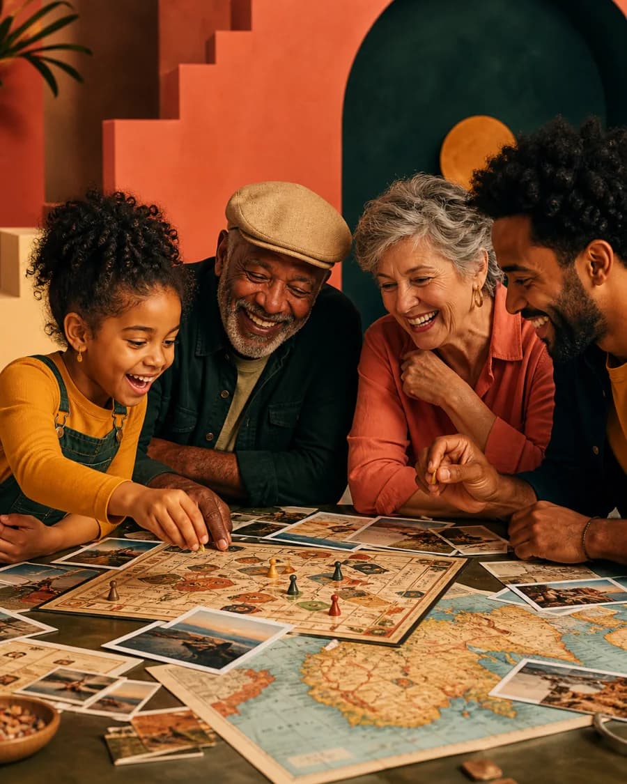 A multigenerational family sharing a game, photographs, and a map around a table