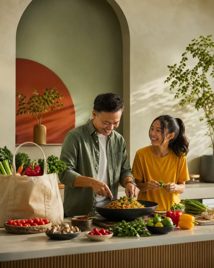 A father and daughter cooking dinner together beside a bag of groceries