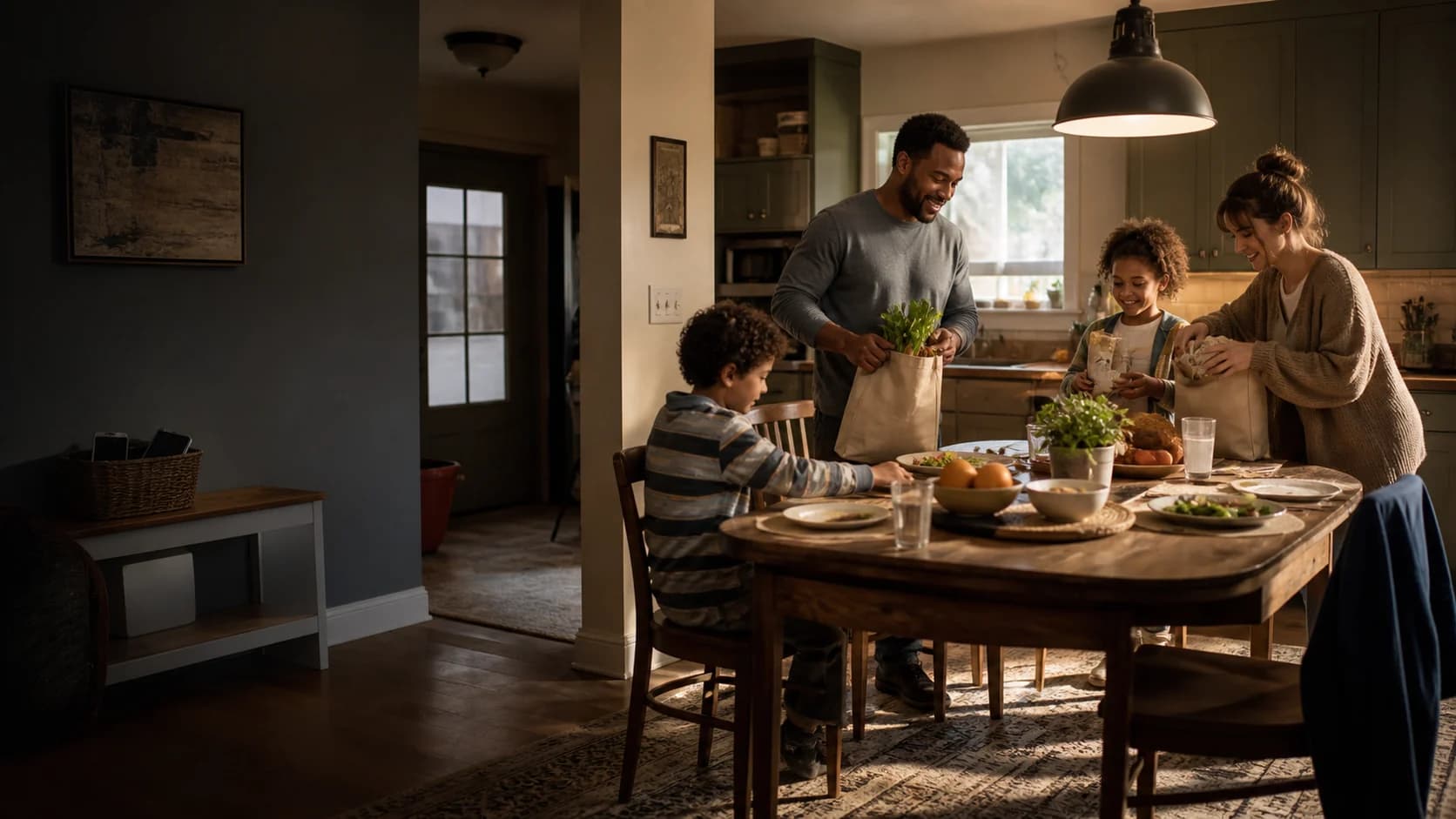 A family unpacking groceries and making dinner together