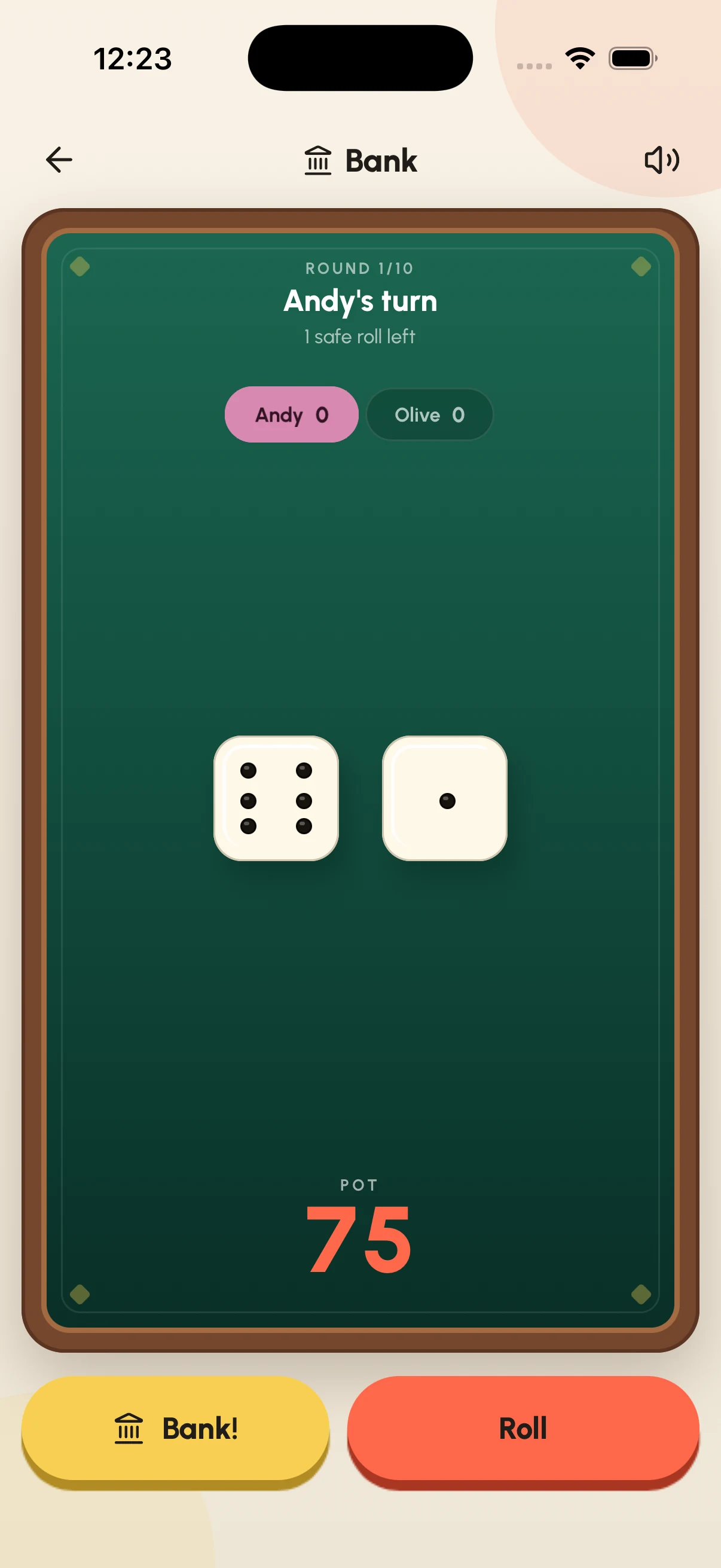 Kwilt Bank game in progress with Andy and Olive rolling dice together