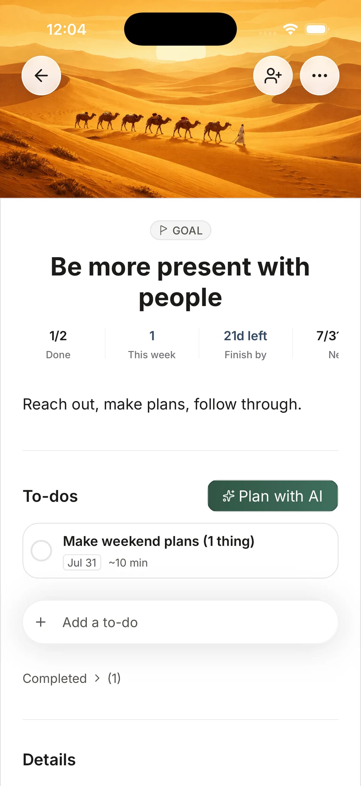 Kwilt goal to be more present with people, with progress and connected activities