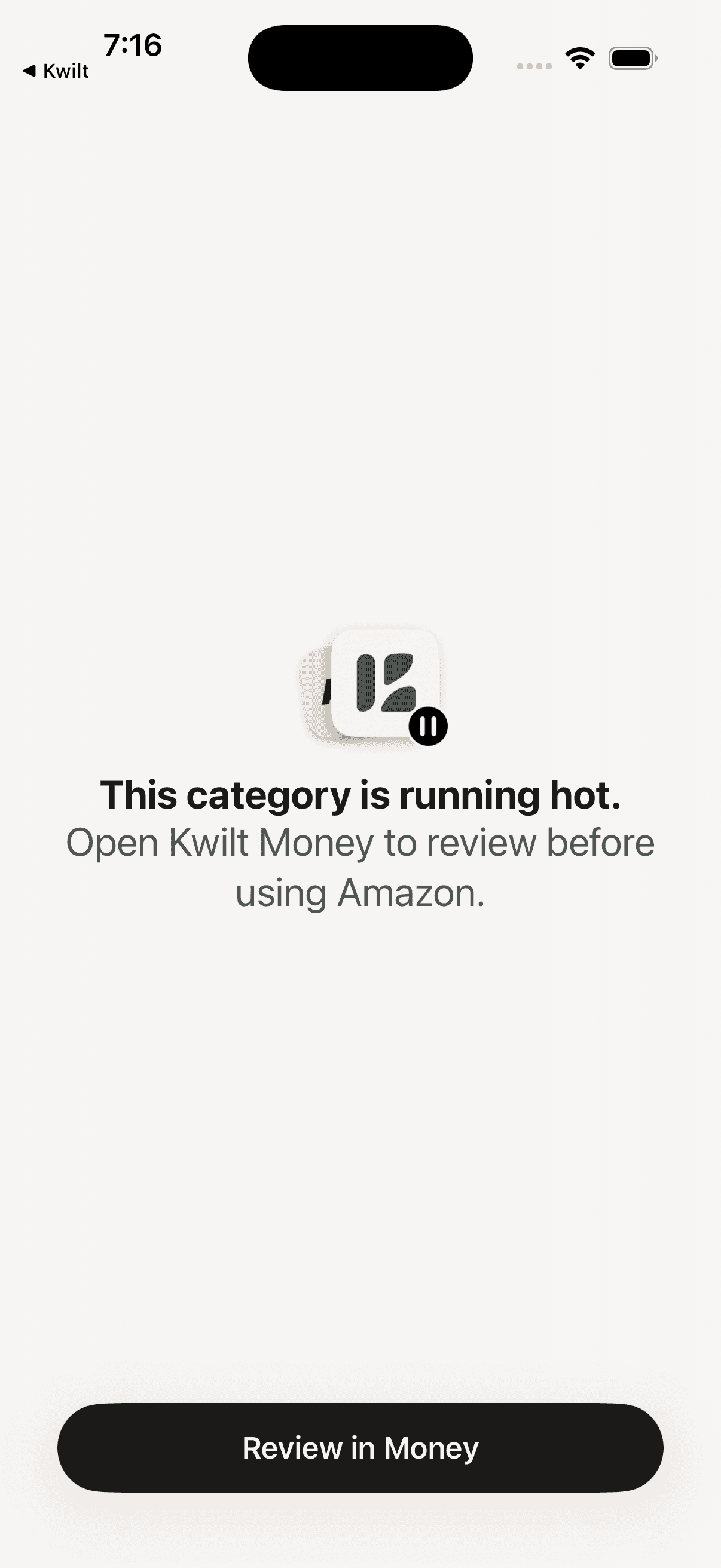 Kwilt pausing Amazon because the shopping category is running hot, with an action to review Money