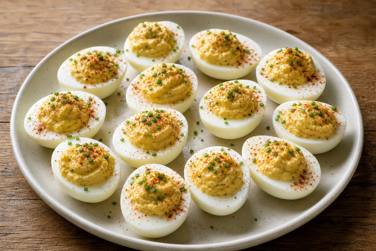 Deviled egg halves filled with smooth mustardy yolks and lightly finished with paprika and chopped chives.