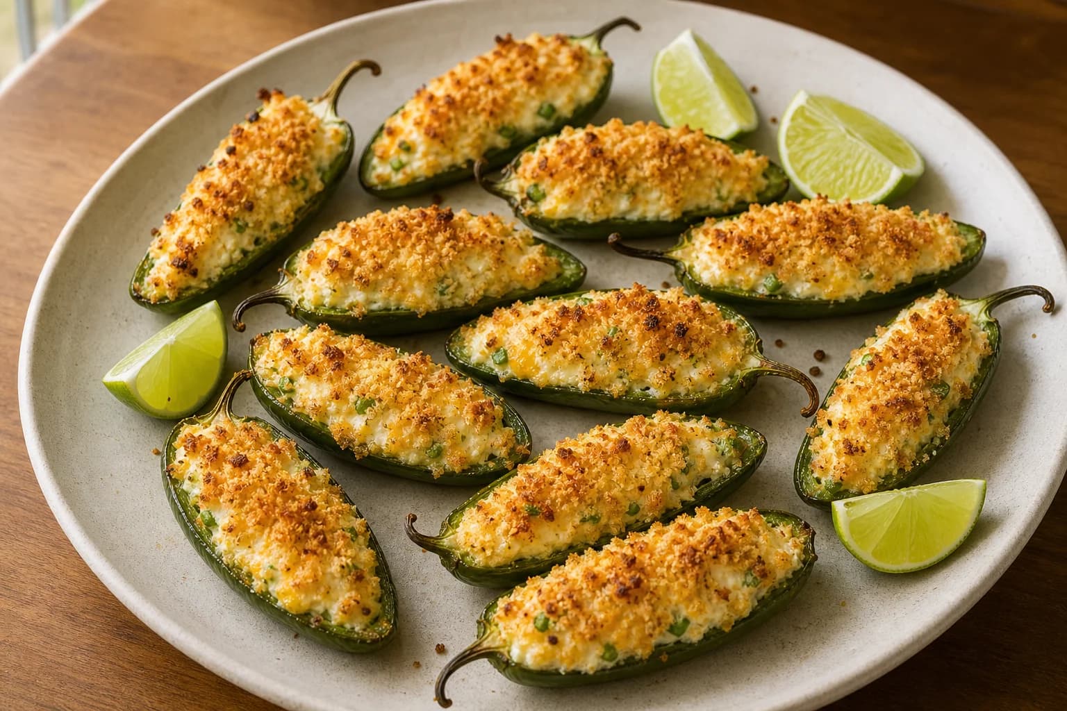 Baked jalapeño halves filled with scallion-cheddar cream cheese and topped with crisp golden panko, with lime wedges.