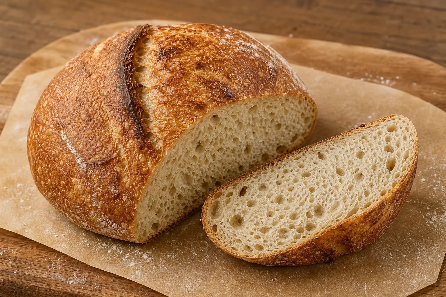 A deeply browned round sourdough boule with a crackled scored crust and irregular cream-colored open crumb visible in the cut loaf and thick slice.