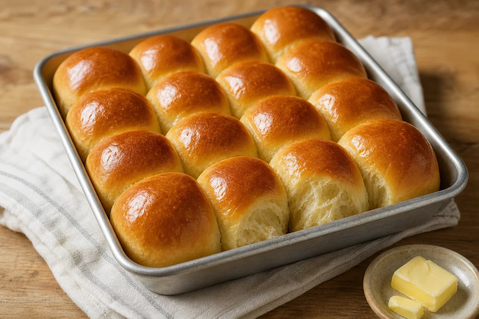 Fifteen glossy golden dinner rolls baked in a 3-by-5 grid, with two pulled apart to show a tender feathery crumb.