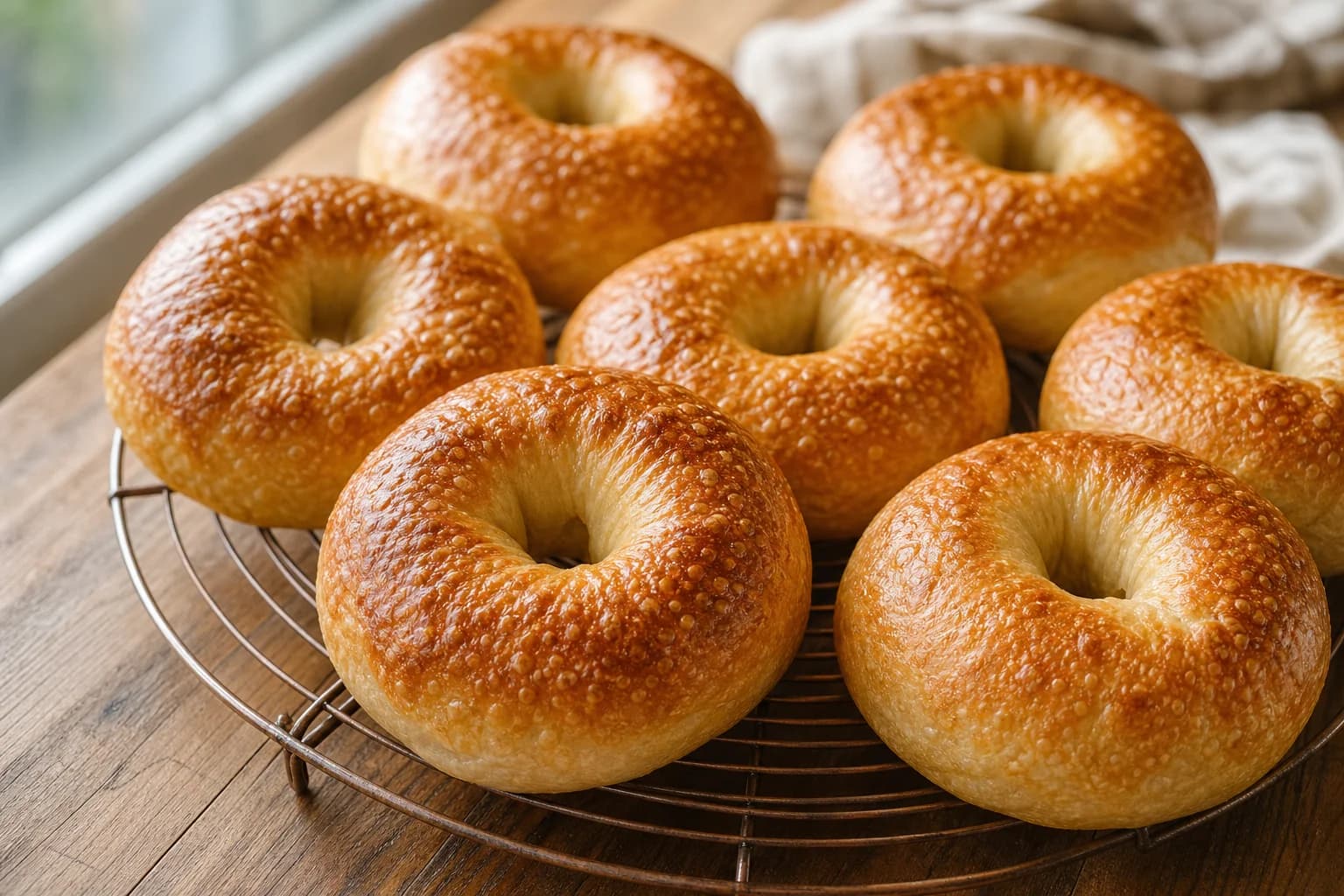 Seven hand-rolled New York-style bagels with glossy blistered golden crusts cooling on a wire rack.