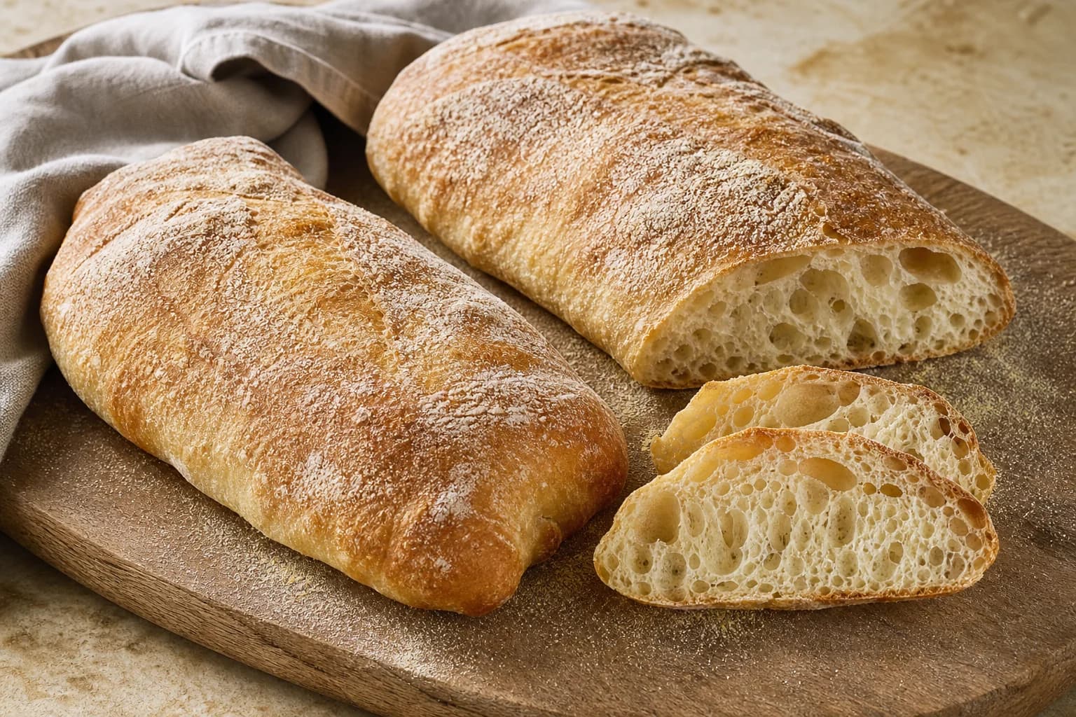 Two rustic ciabatta loaves with flour-dusted golden crusts and an irregular open crumb visible in the cut loaf and slices.