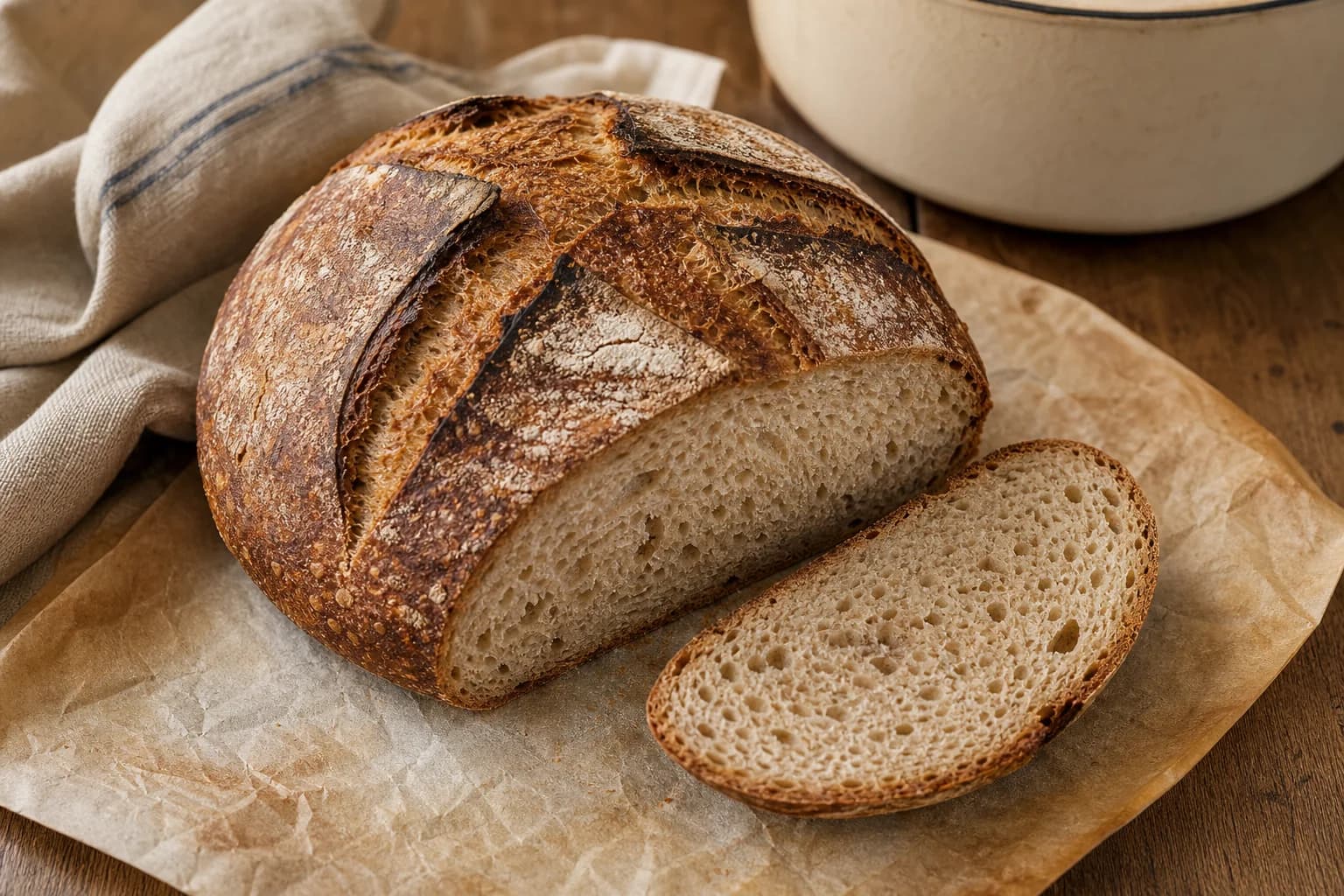 A round mahogany country loaf with a bold score and moist open crumb, partly sliced on a wooden board.