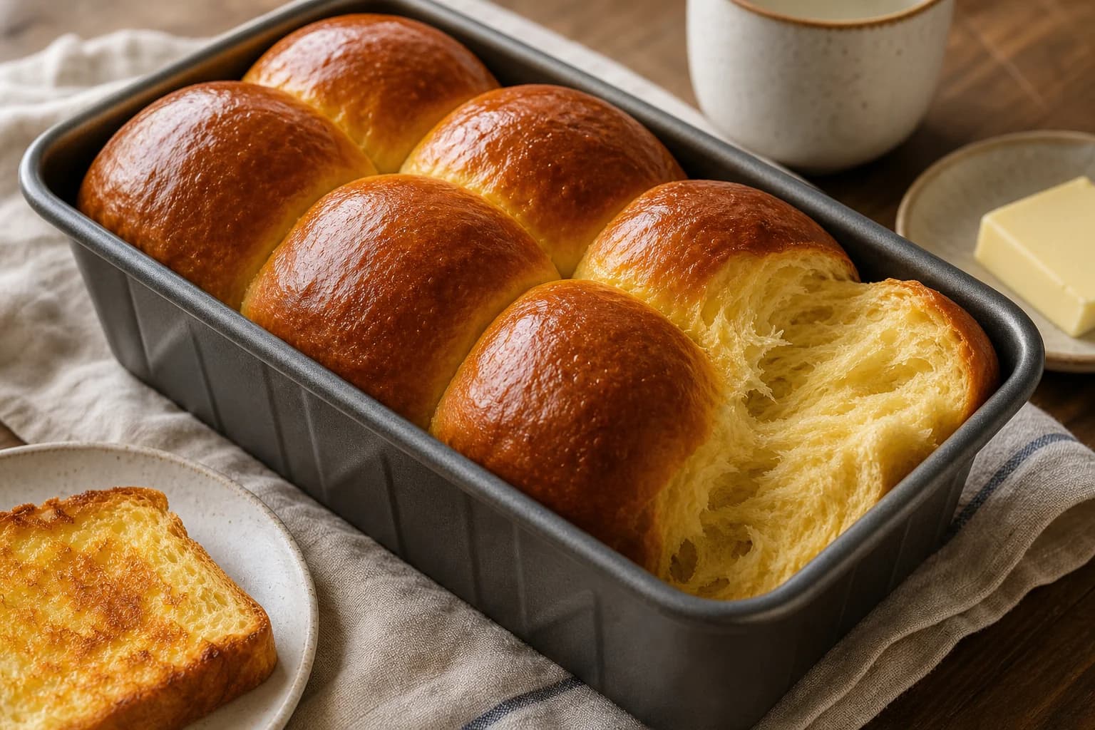 A glossy six-lobed brioche loaf with a deep golden crust and feather-soft yellow crumb pulled open.