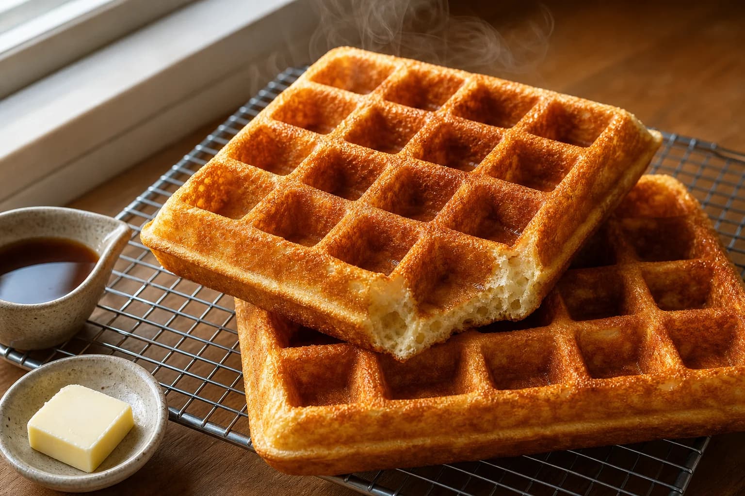 Deep-pocketed golden Belgian-style waffles with crisp square edges and an airy yeasted interior.
