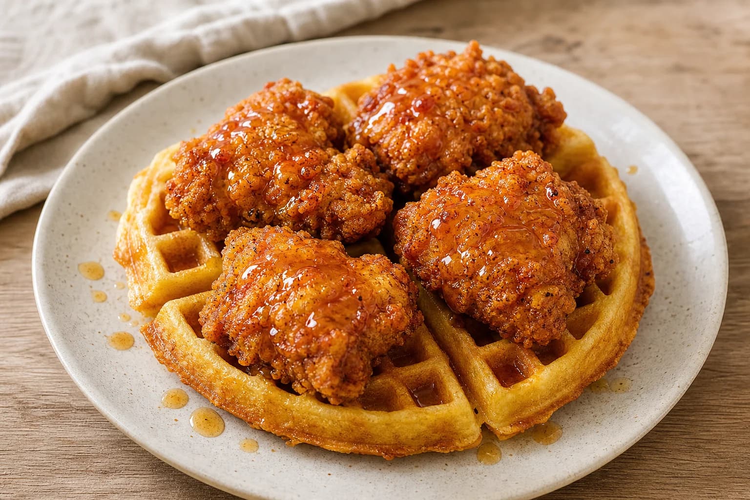 Crisp fried chicken thigh pieces on cornmeal waffles with a light drizzle of hot honey.