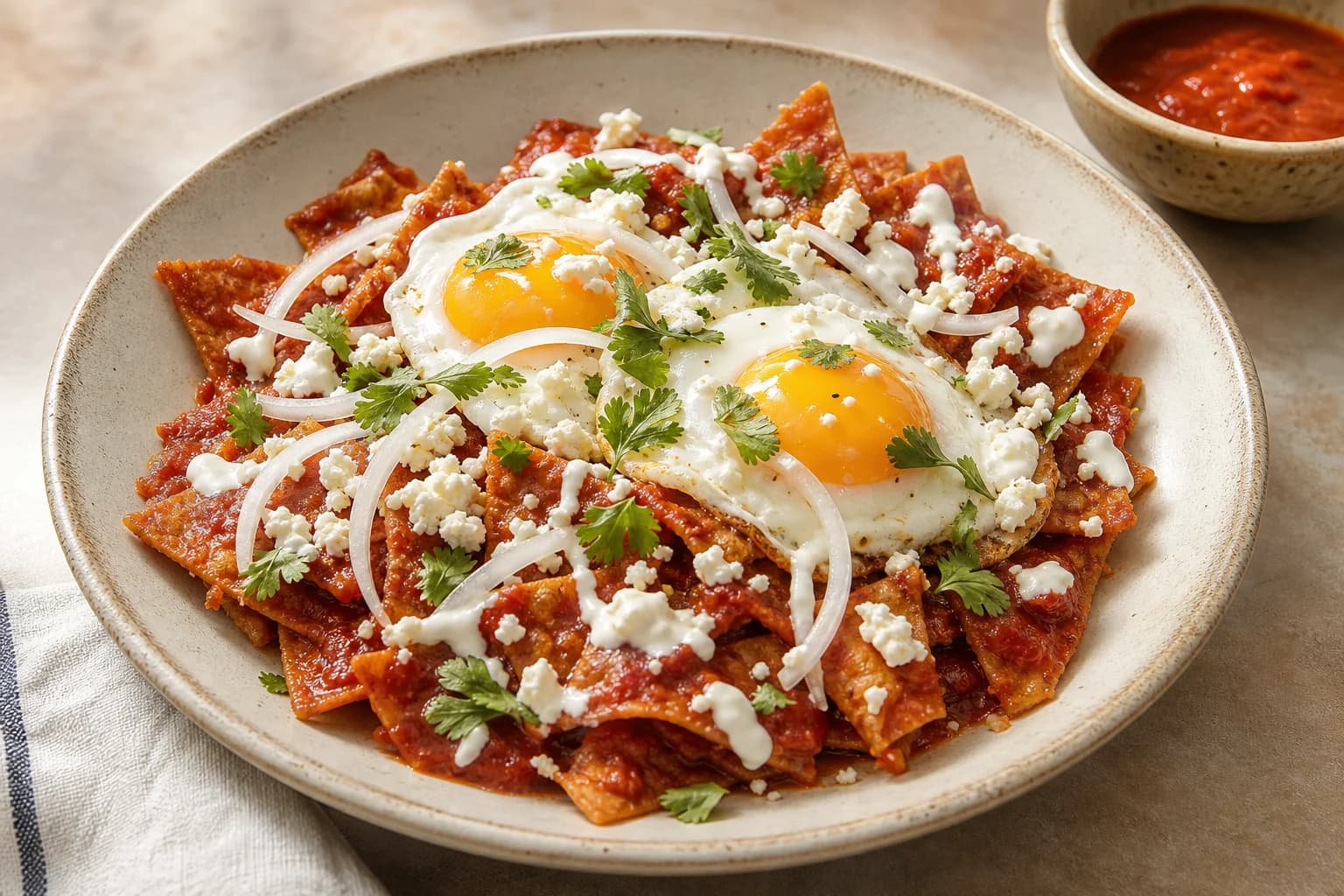 Crisp-tender red chilaquiles with guajillo-tomato salsa, fried eggs, crema, queso fresco, white onion, and cilantro.