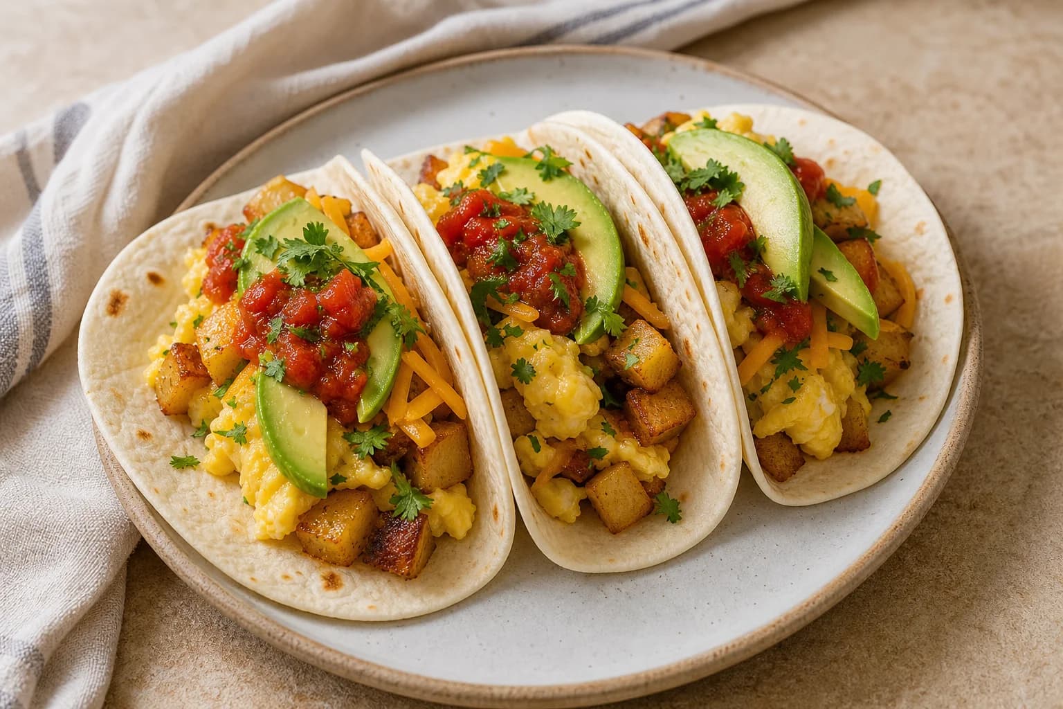 Soft flour breakfast tacos filled with crisp cumin potatoes, glossy scrambled eggs, cheddar, avocado, salsa, and cilantro.