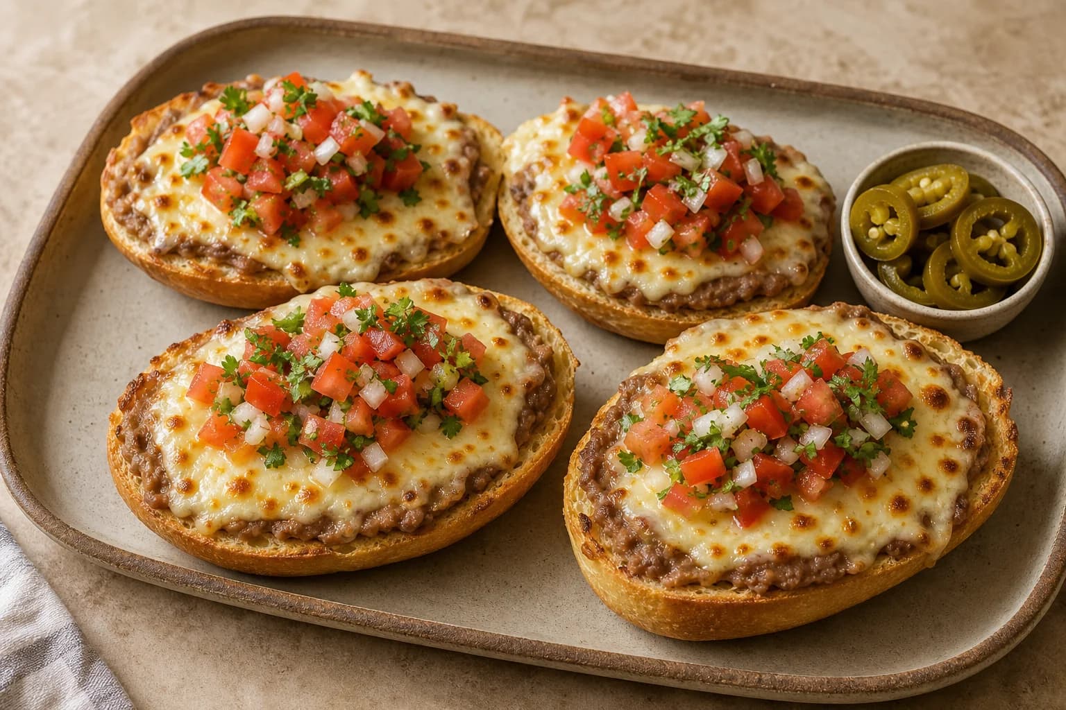 Four split bolillo molletes spread with beans and browned melted cheese, topped with drained pico de gallo.