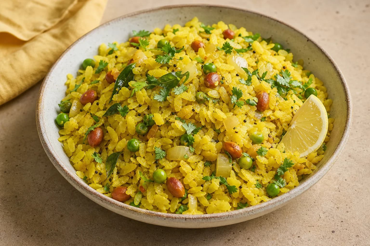 Yellow vegetable poha with separate flattened-rice flakes, peanuts, peas, onion, cilantro, and lemon.