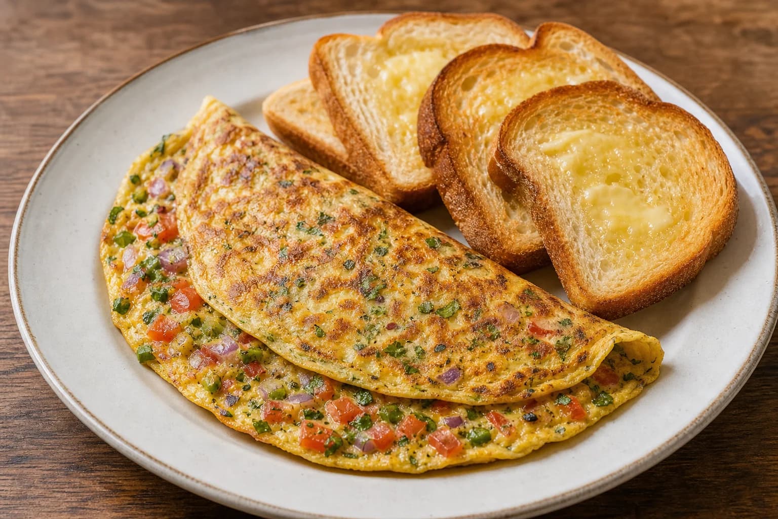 Thin browned Indian masala omelet with onion, tomato, green chile, cilantro, cumin, and buttered toast.