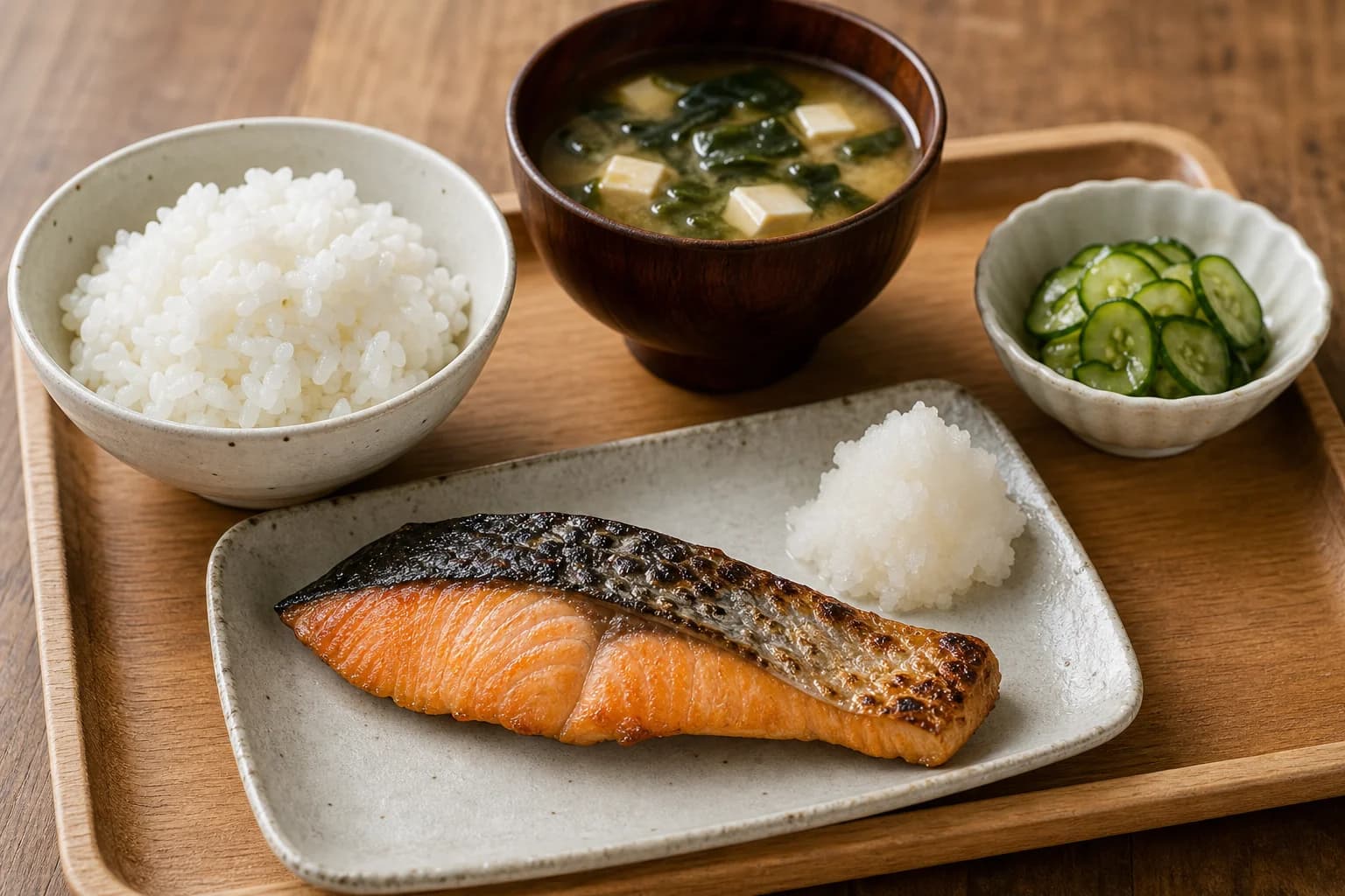 Japanese salted salmon breakfast with rice, miso soup, grated daikon, and cucumber pickle.