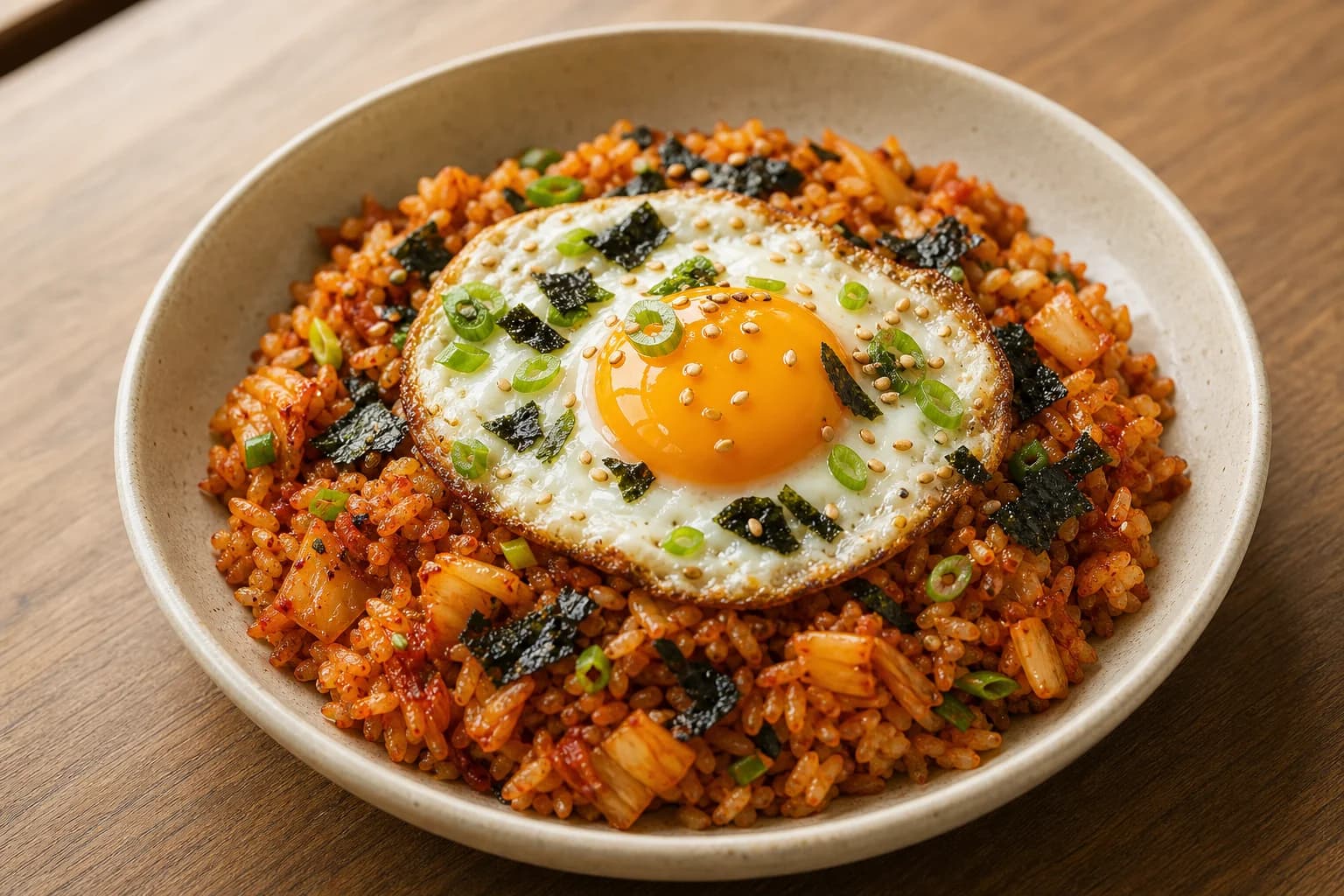Red kimchi fried rice with distinct grains, caramelized kimchi, a crisp-edged fried egg, gim, scallion, and sesame.