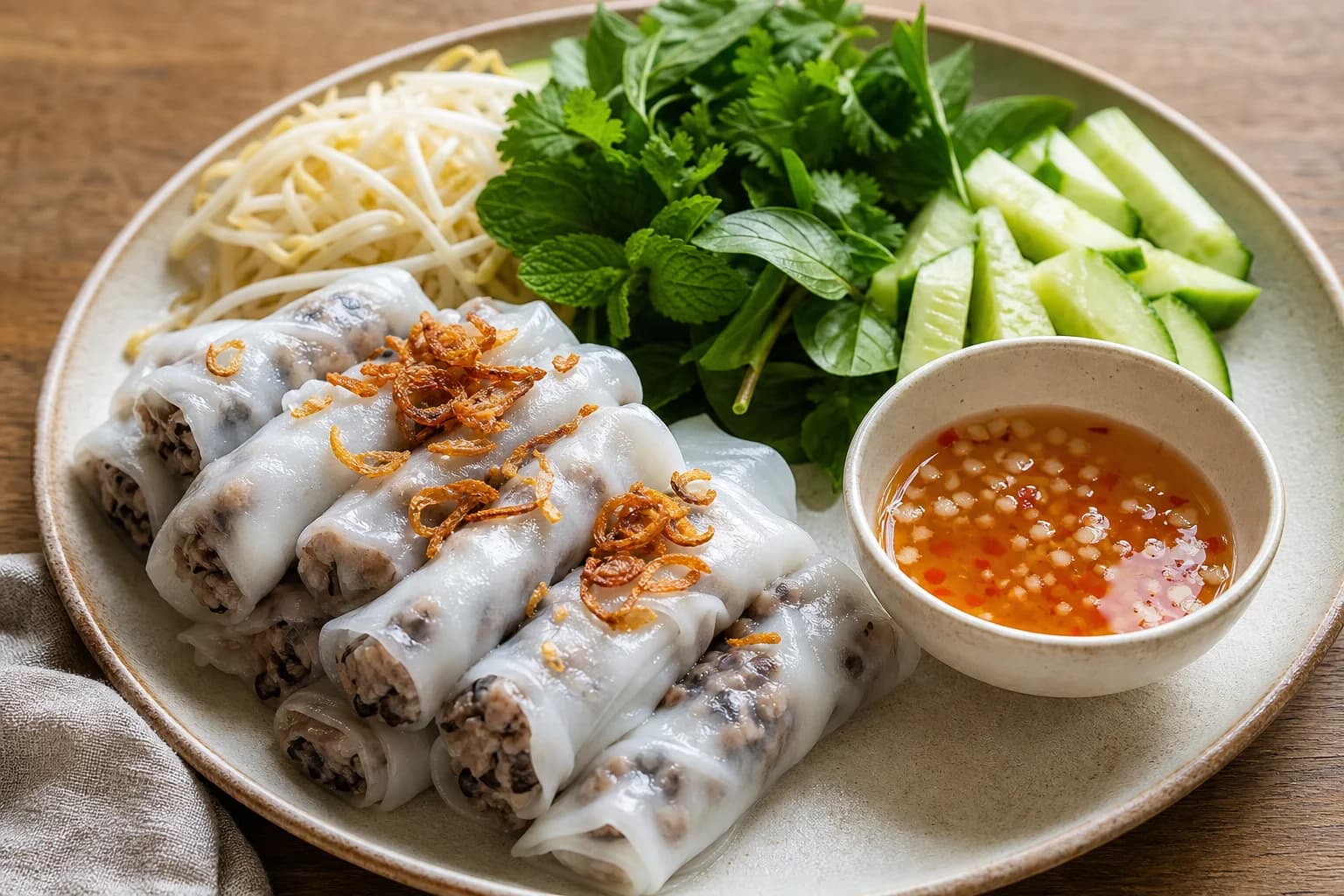 Vietnamese bánh cuốn rice rolls with pork and wood ear, fried shallots, herbs, cucumber, sprouts, and nước chấm.