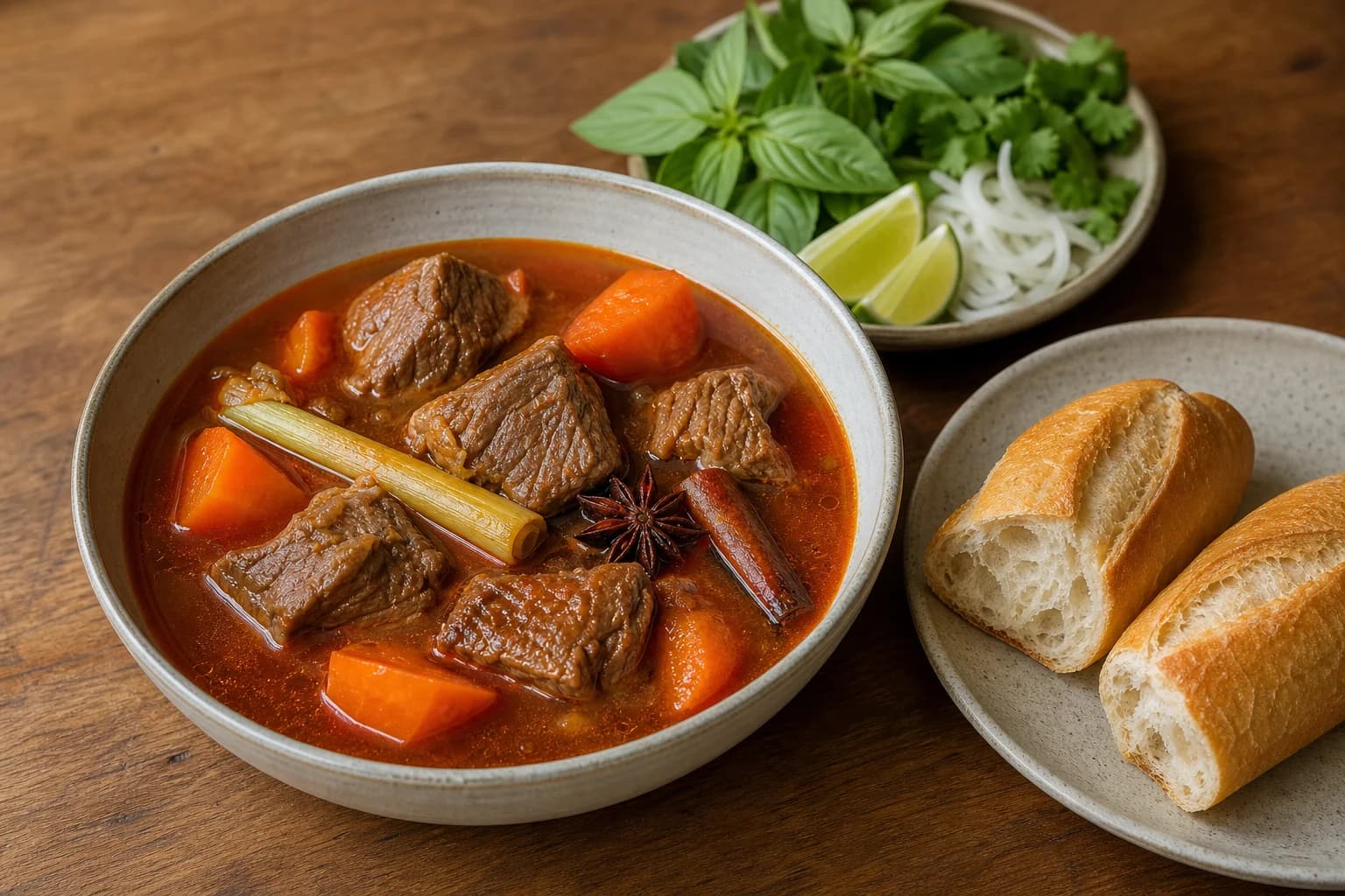 Vietnamese bò kho with tender beef, carrots, aromatic red broth, herbs, lime, onion, and a crisp baguette.