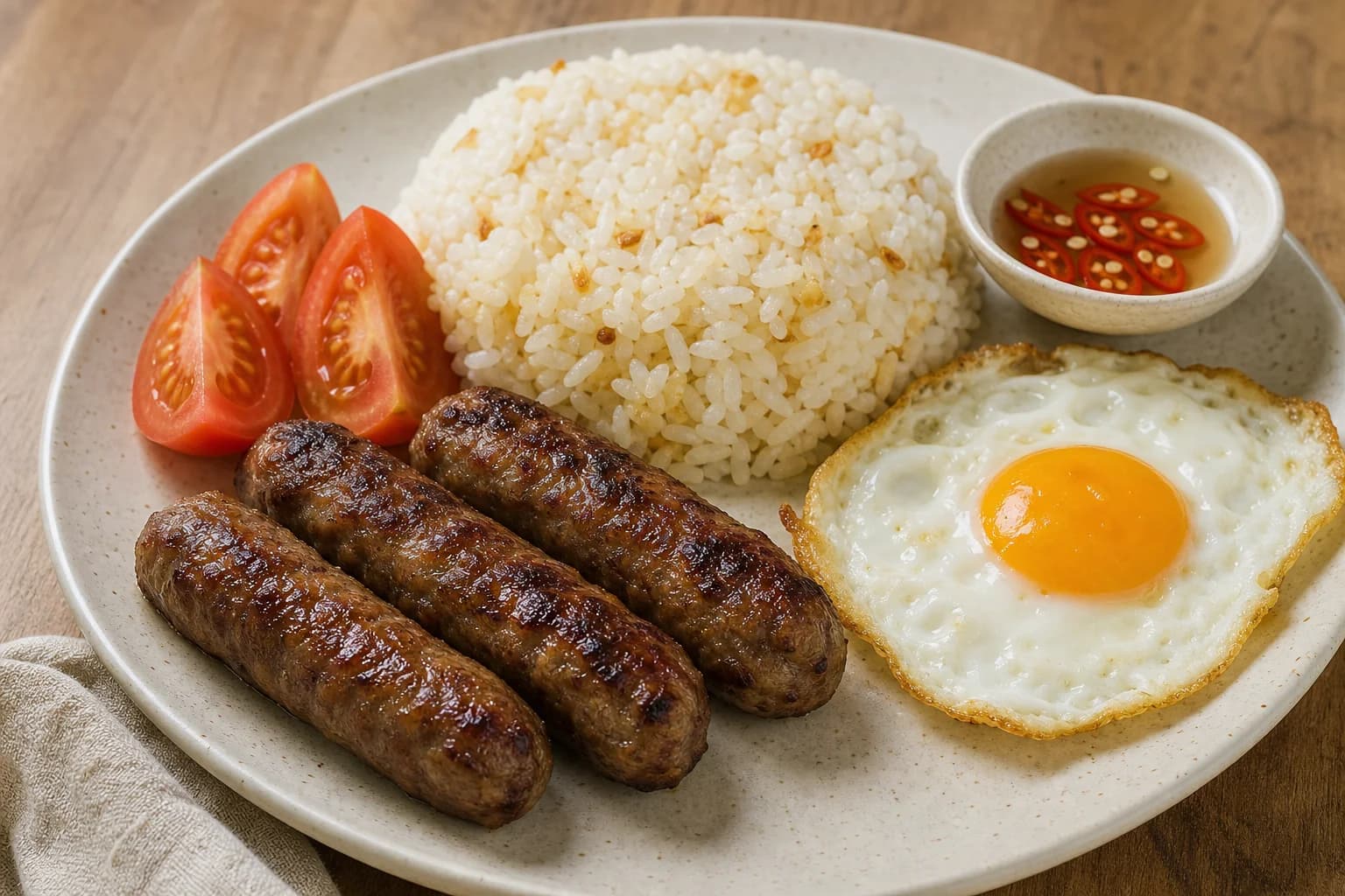 Filipino longsilog with browned skinless longganisa, garlic rice, fried egg, tomato, and spiced vinegar.