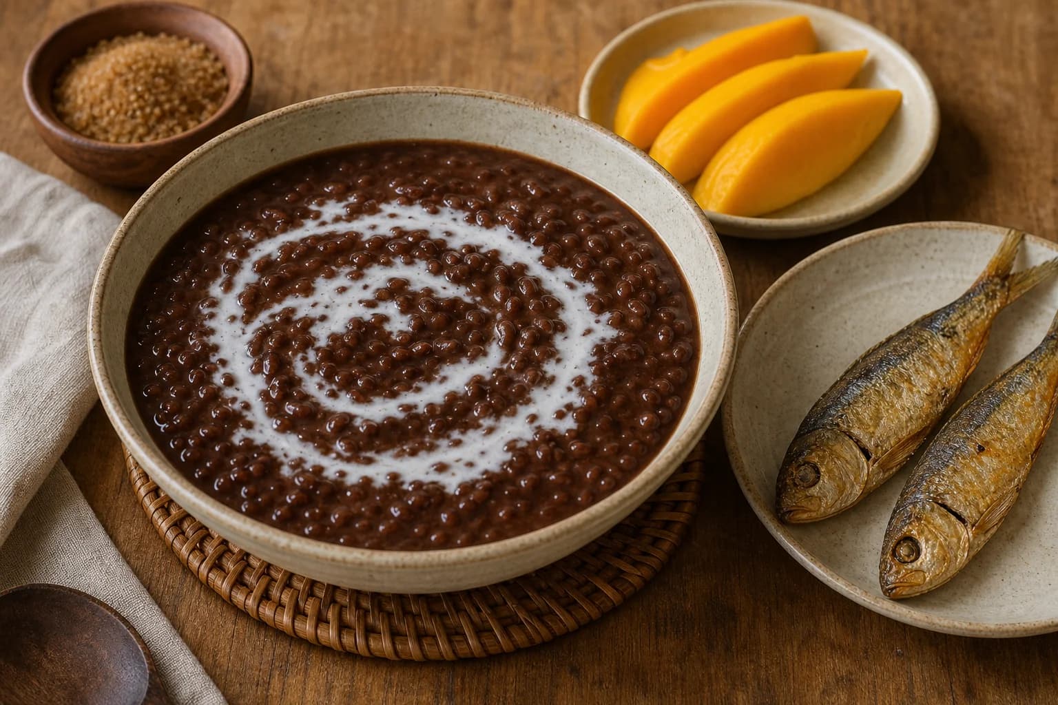 Filipino champorado with glossy chocolate glutinous-rice porridge, evaporated milk, crisp tuyo, and mango.