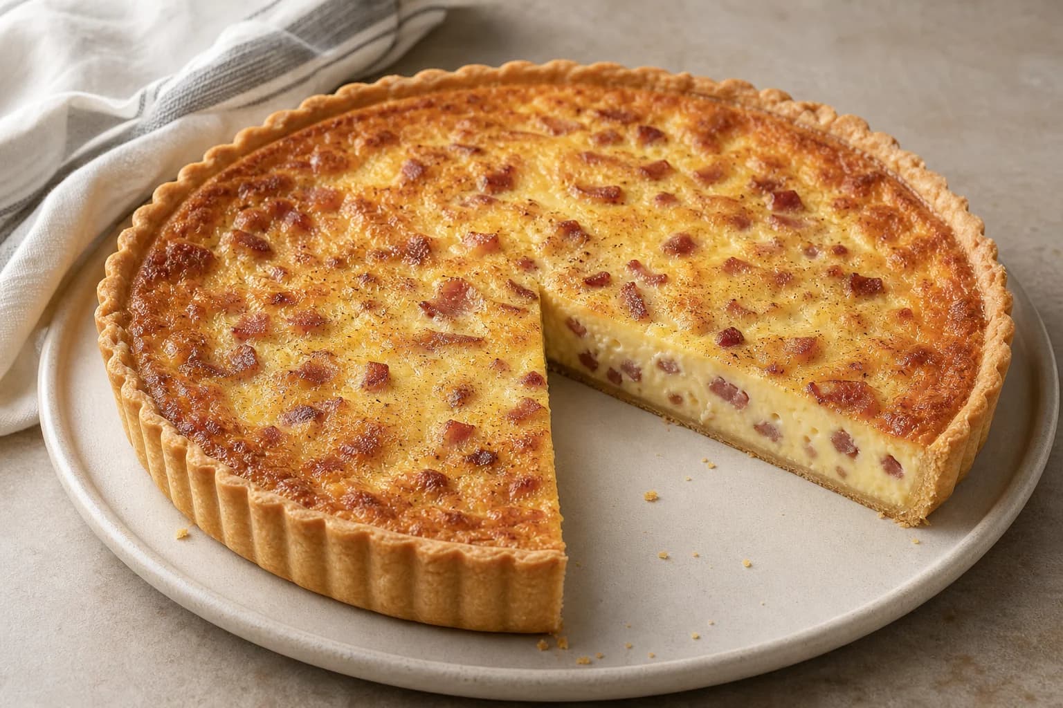 A restrained Quiche Lorraine with crisp pastry, bacon, and softly set golden custard.