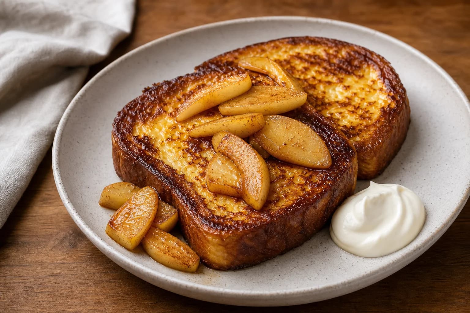 Deeply golden brioche pain perdu with glossy browned apple slices and crème fraîche.