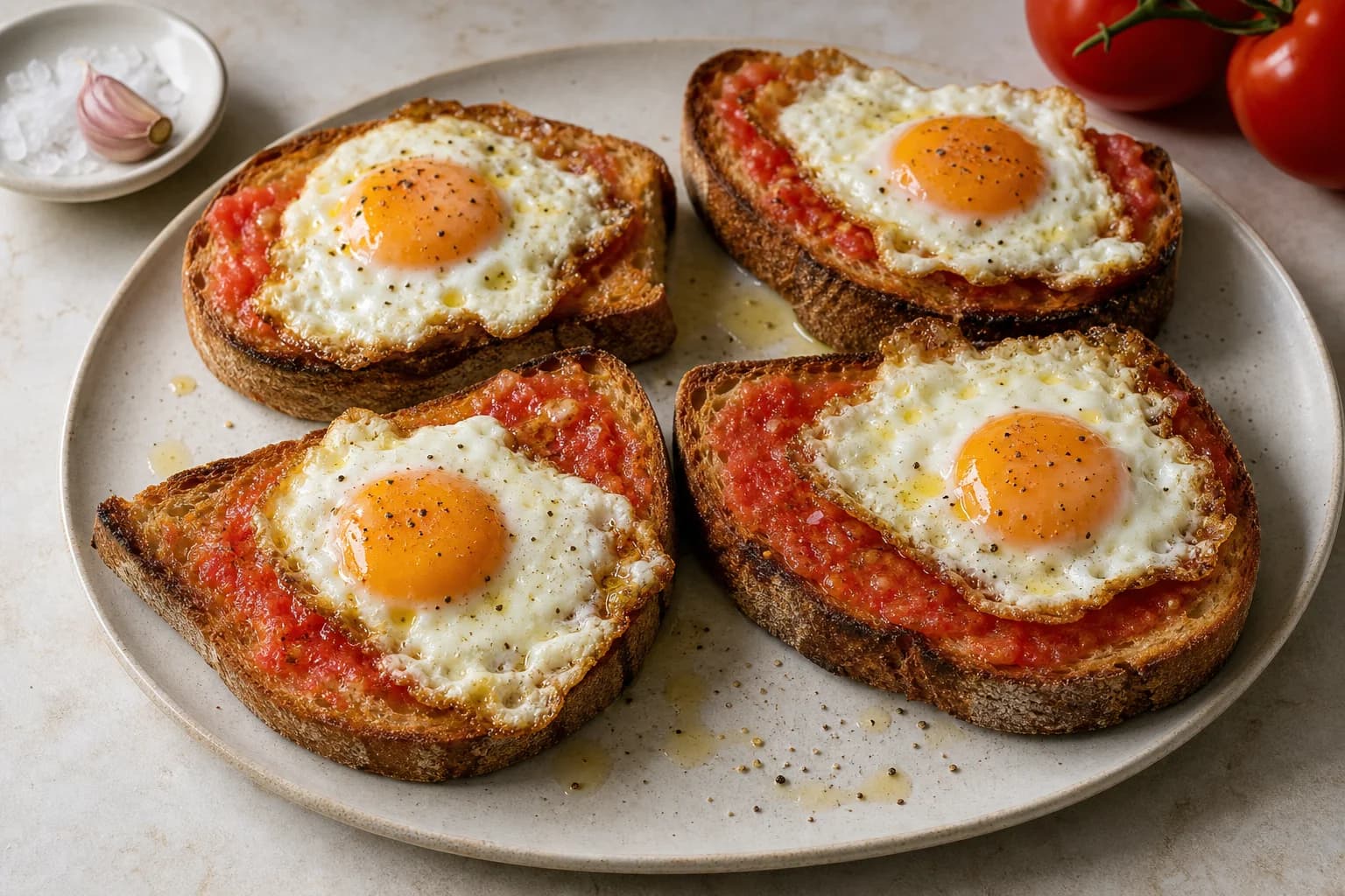 Catalan tomato-rubbed toast topped with a crisp-edged fried egg and olive oil.