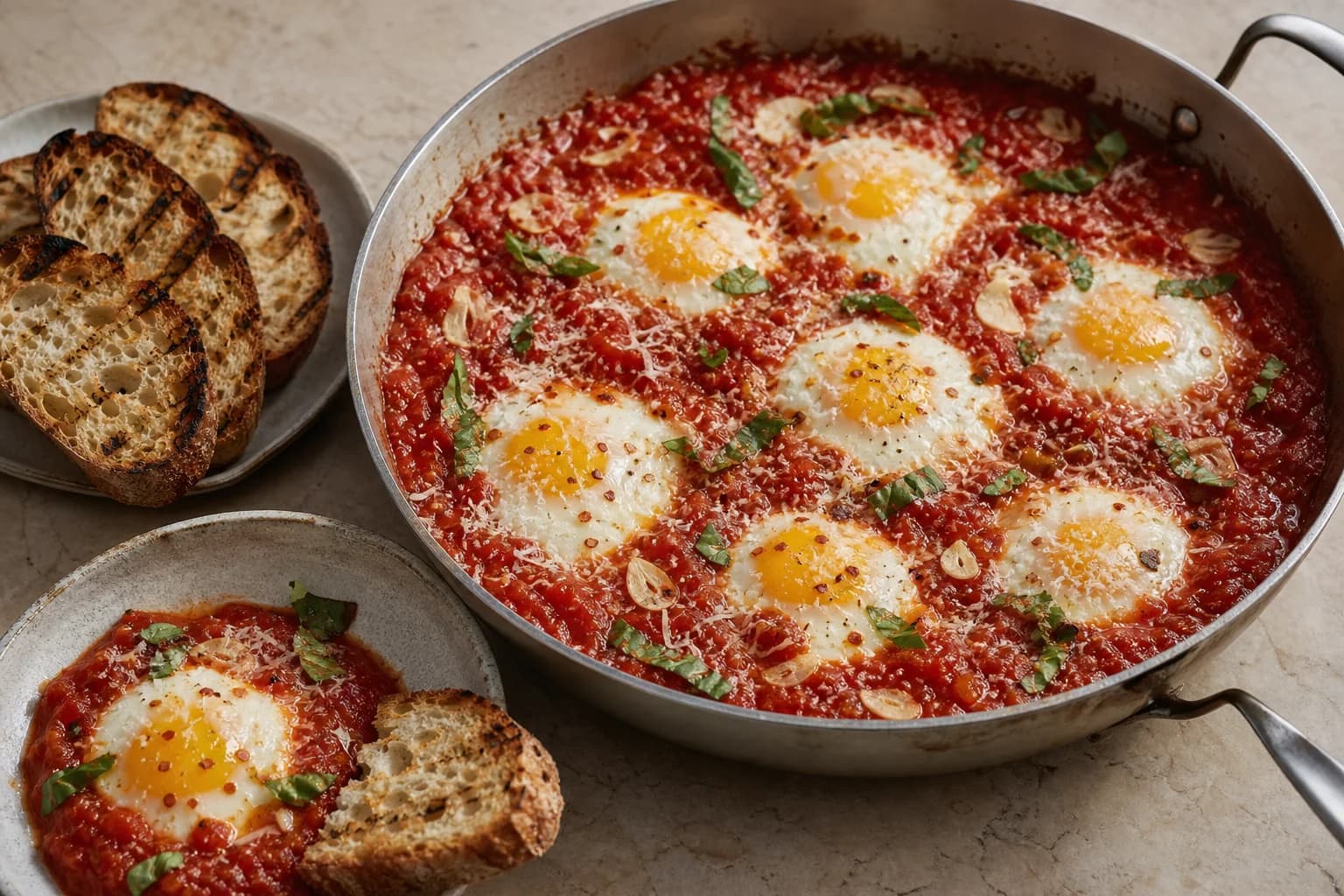 Eggs in purgatory with set whites and soft yolks in thick garlic-chile tomato sauce, basil, Parmesan, and grilled bread.