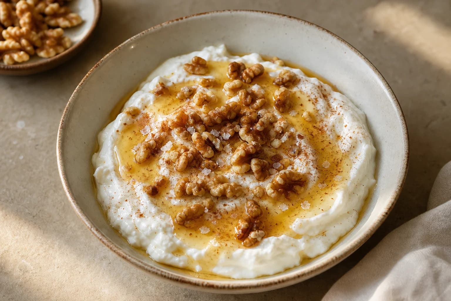 Thick Greek yogurt layered with floral honey, toasted walnuts, cinnamon, and flaky salt.