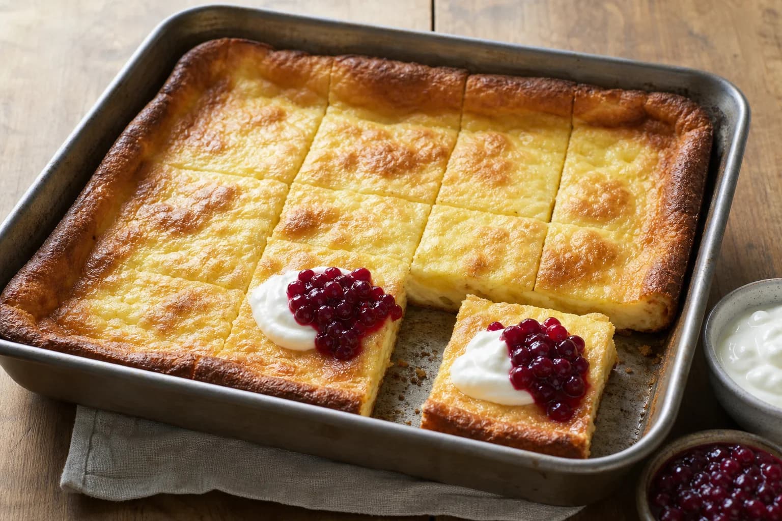 Swedish ugnspannkaka cut into golden squares with lingonberry preserves and yogurt.