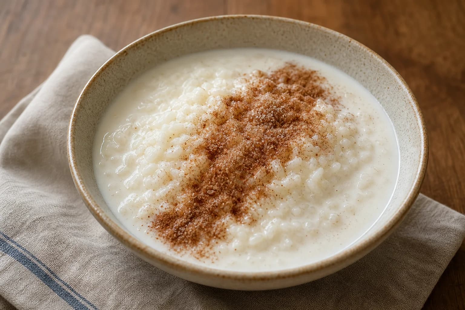 Creamy Finnish rice porridge with visible tender grains, cinnamon sugar, and a small pool of milk.