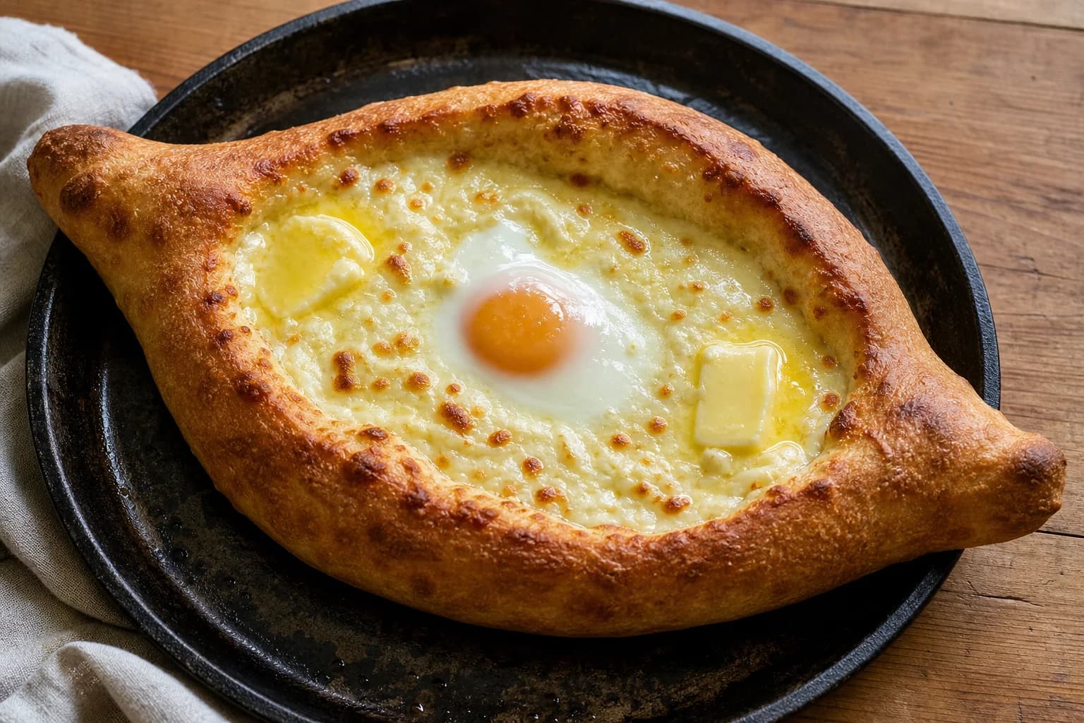 Boat-shaped Adjarian khachapuri with melted cheese, a soft egg, and butter.