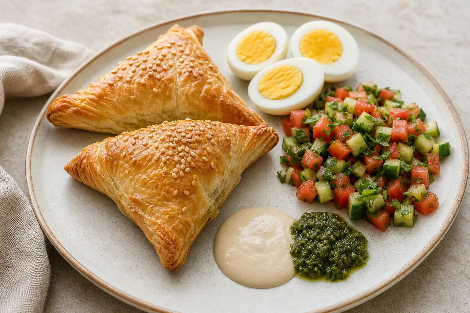 Puffed triangular bourekas with boiled egg, chopped Israeli salad, tahini, and zhug kept alongside.