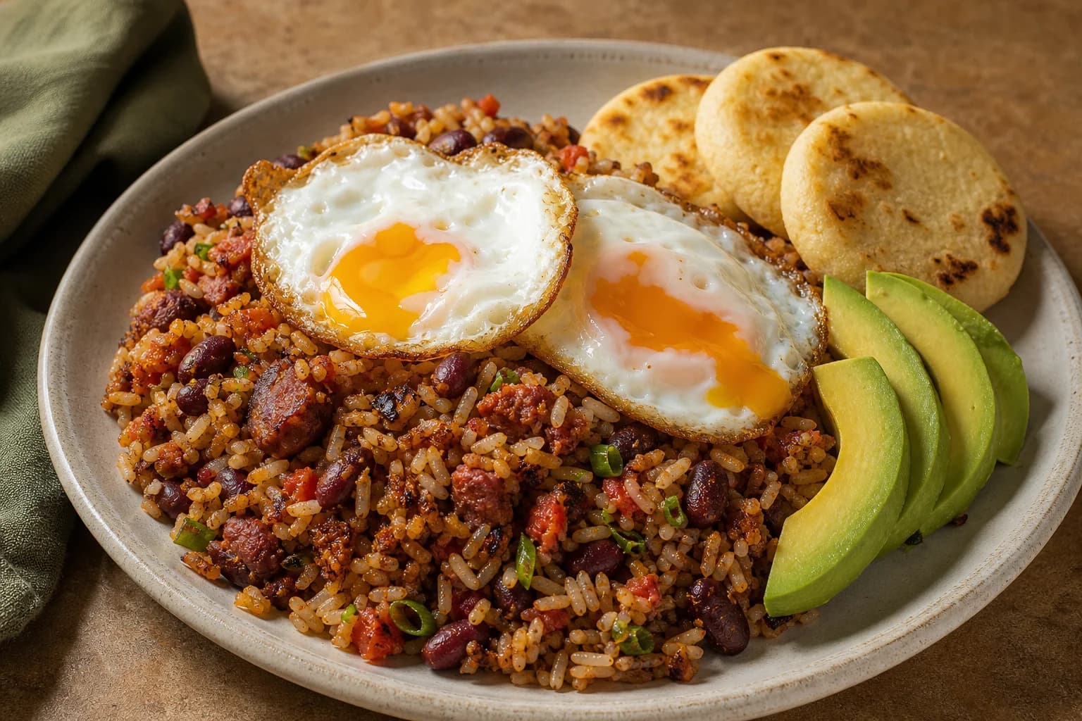 Colombian calentado with rice, beans, hogao, chorizo, crisp edges, fried eggs, avocado, and arepas.