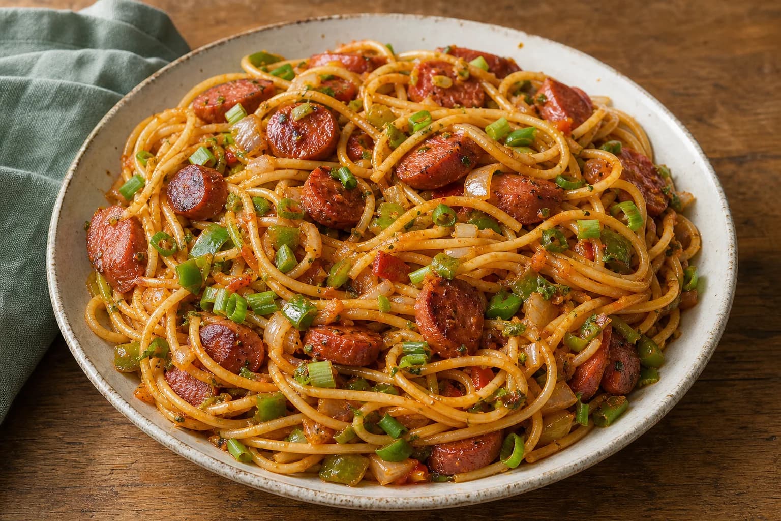 Haitian breakfast spaghetti coated in epis-tomato sauce with browned hot-dog slices, peppers, onion, and scallions.