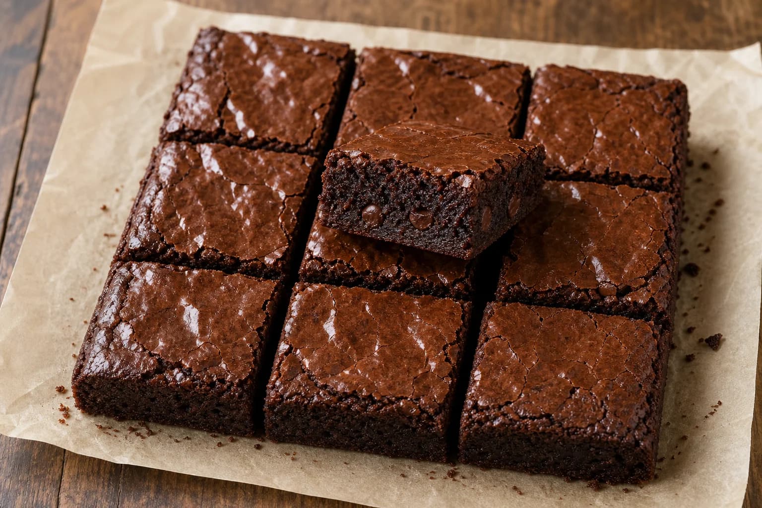 Fudgy chocolate brownies with a thin crackled top, moist dense centers, and clean square cuts.