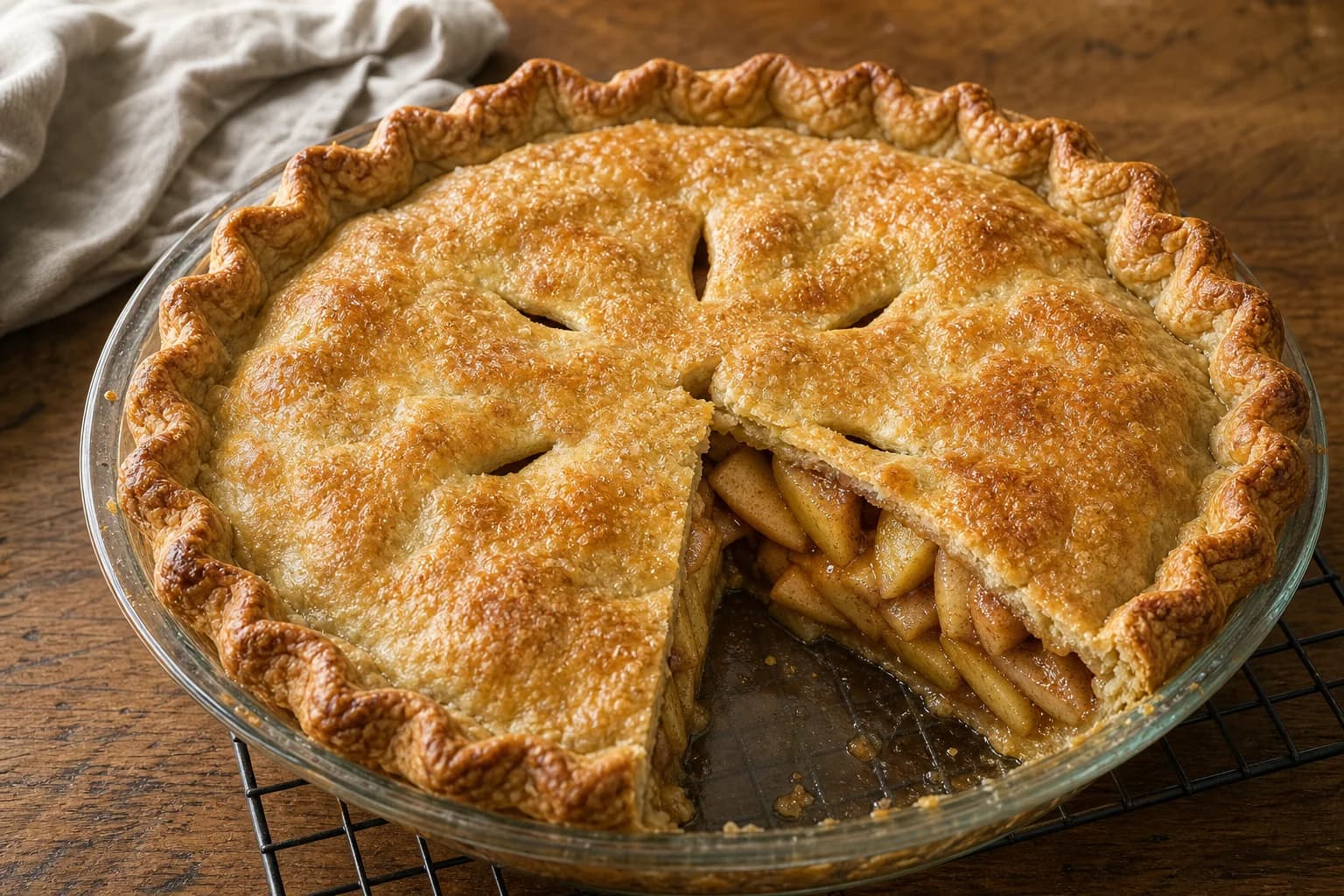 Classic double-crust apple pie with deep-golden flaky pastry and defined tender apple slices.