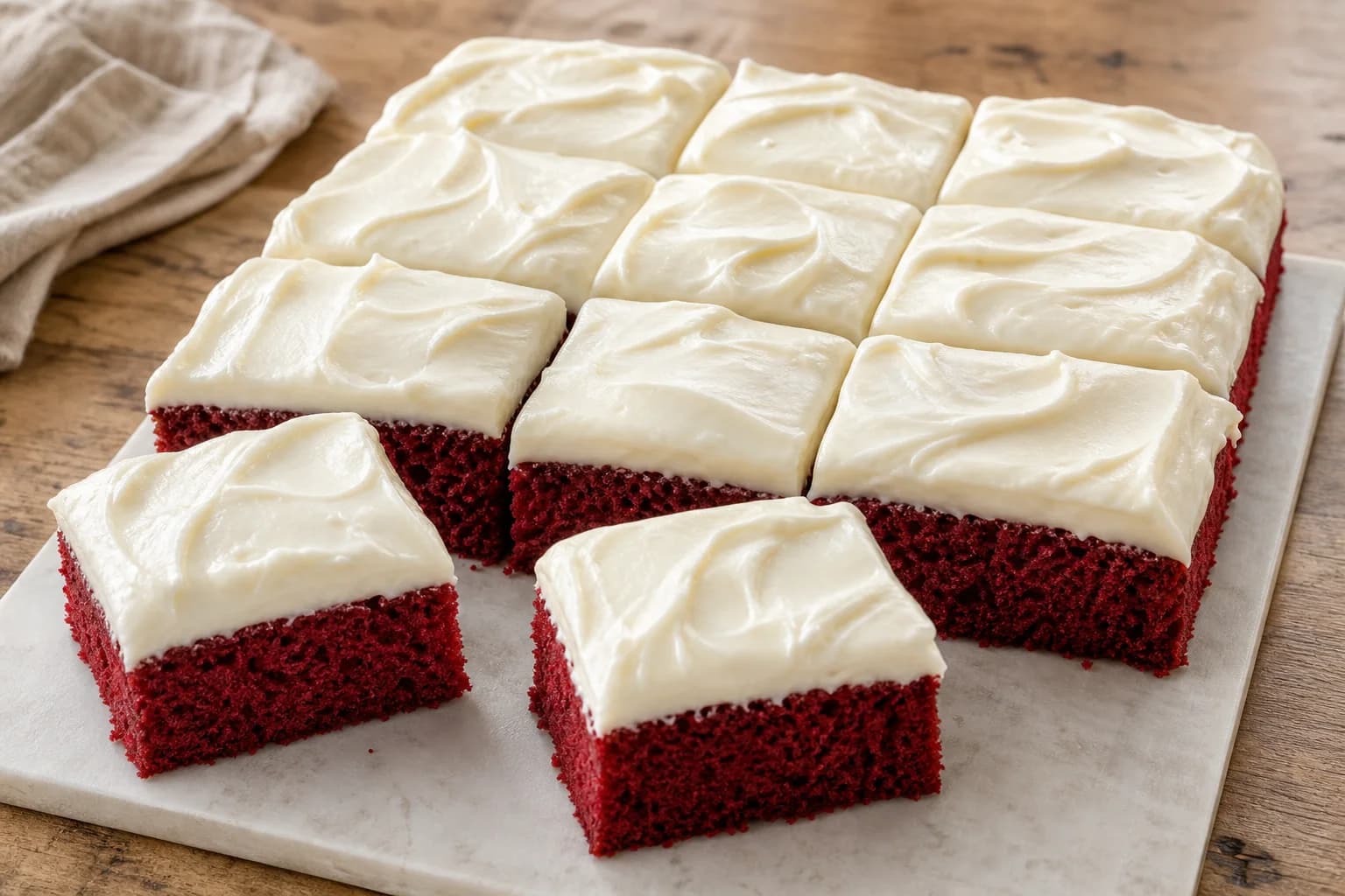 Crimson red velvet sheet cake with soft cocoa-buttermilk crumb and cream cheese frosting.