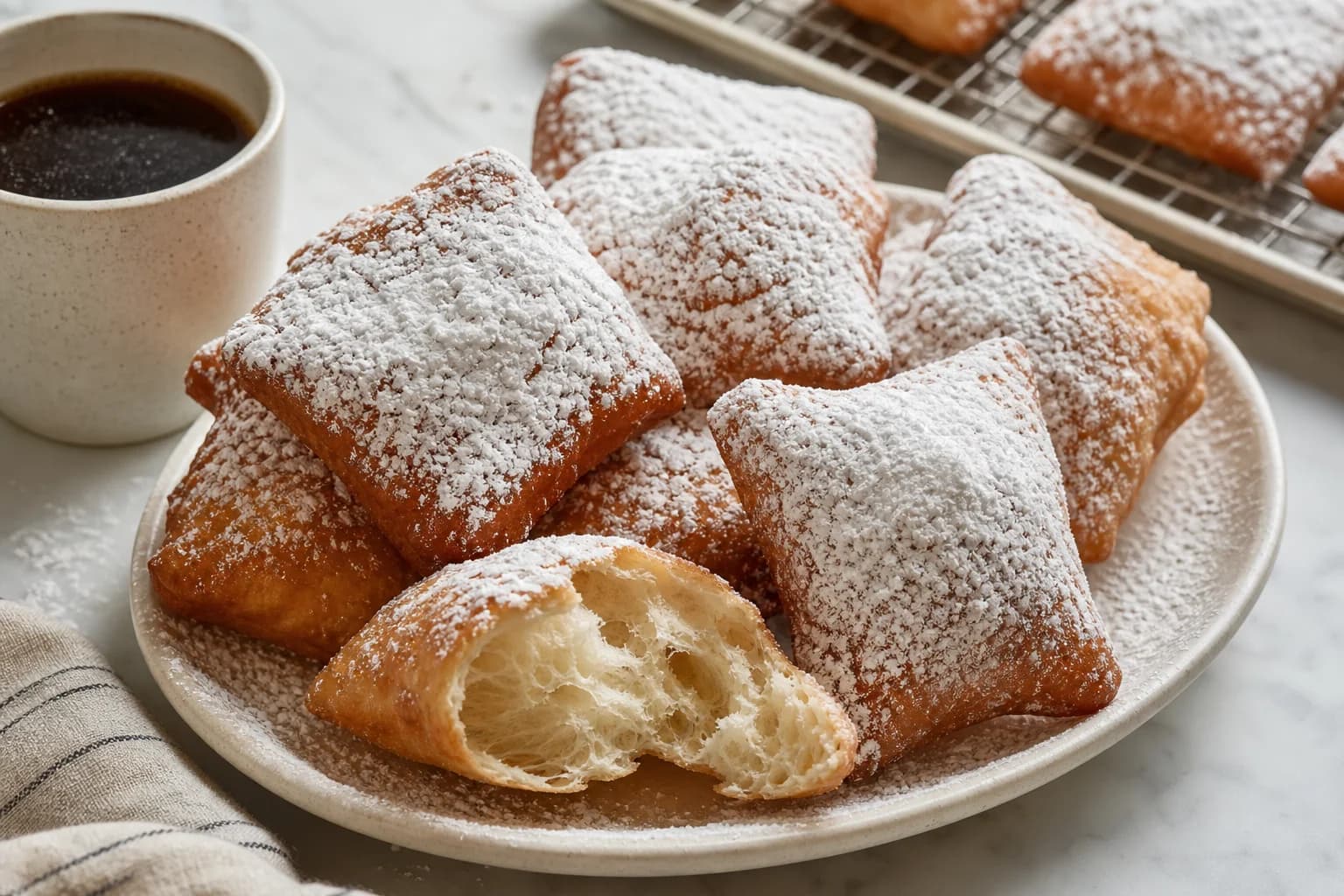 Hot square New Orleans beignets, deeply puffed and generously covered with confectioners sugar.