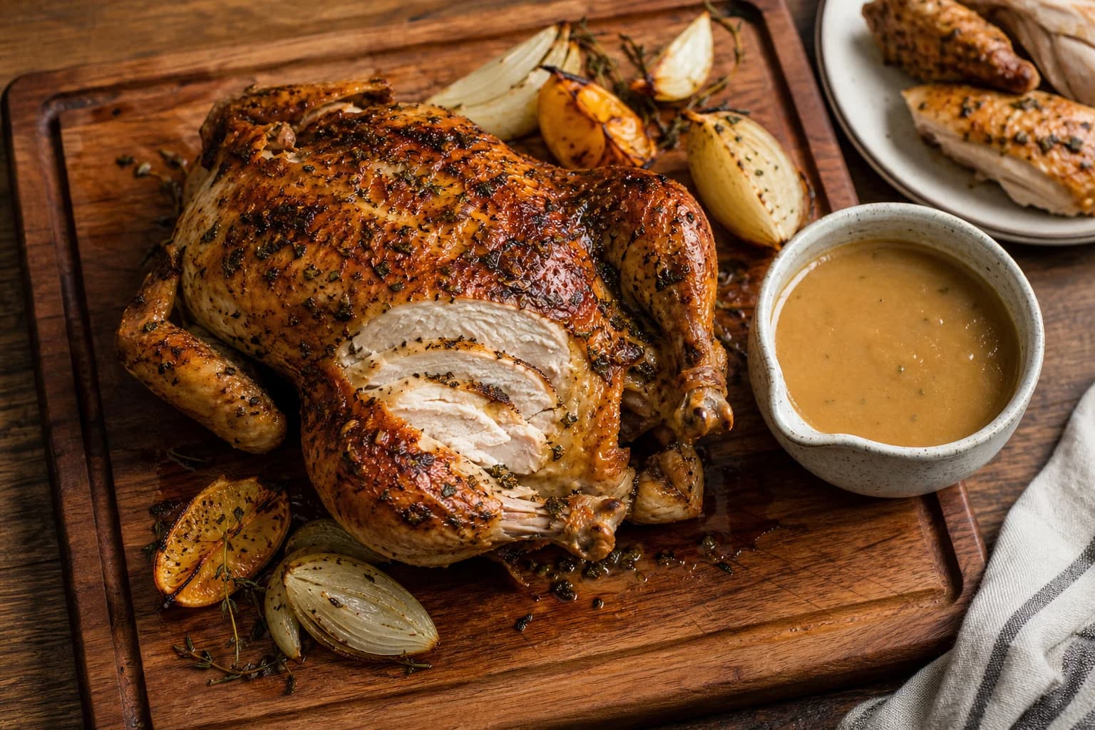 Deeply browned herb roast chicken carved beside glossy pan gravy, lemon, onion, and fresh herbs.