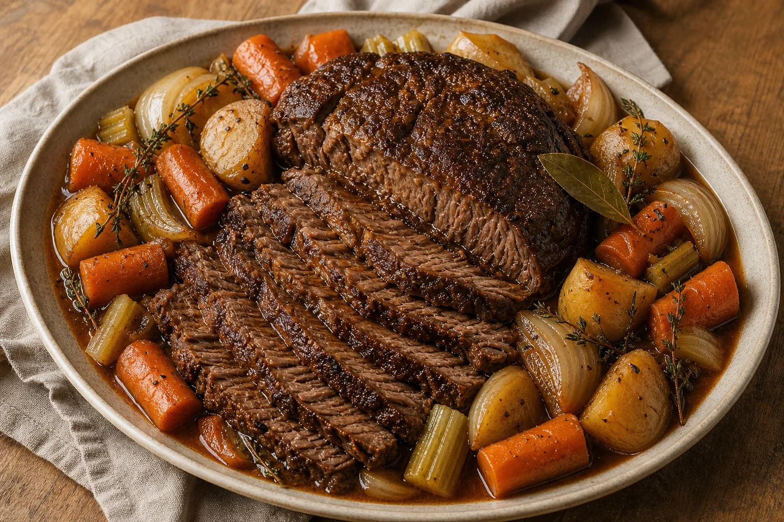 Fork-tender pot roast with browned edges, carrots, potatoes, onions, and silky dark gravy.