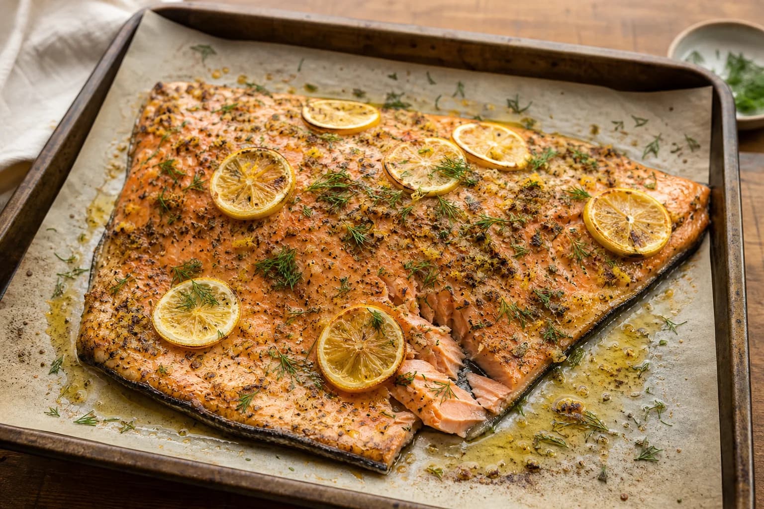 Moist baked salmon fillet with lemon, garlic, dill, oregano, paprika, and a lightly flaking center.