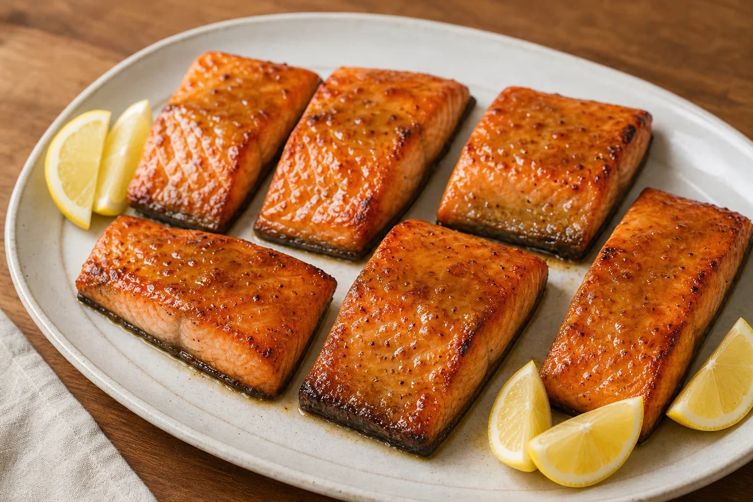 Canadian maple-glazed salmon with a thin amber sheen, moist coral flakes, lemon, and lightly caramelized edges.