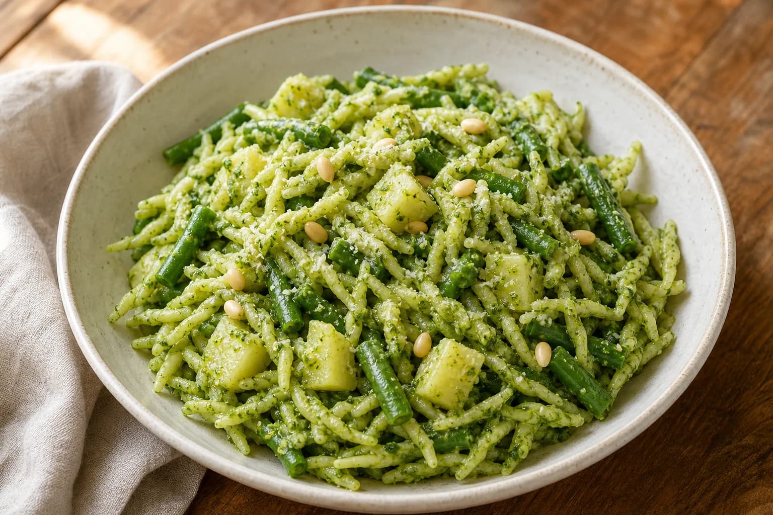 Ligurian trofie al pesto with bright green basil sauce, potato, green beans, pine nuts, and grated cheese.