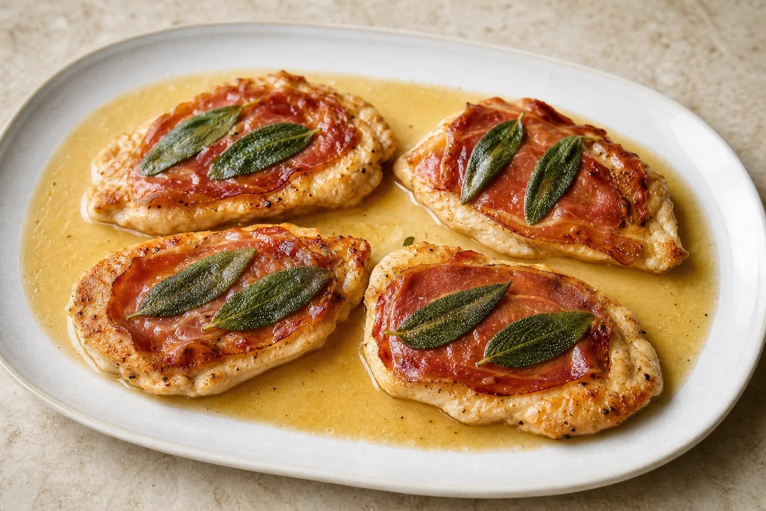 Chicken saltimbocca cutlets topped with crisp prosciutto and sage beside a glossy white-wine butter sauce.