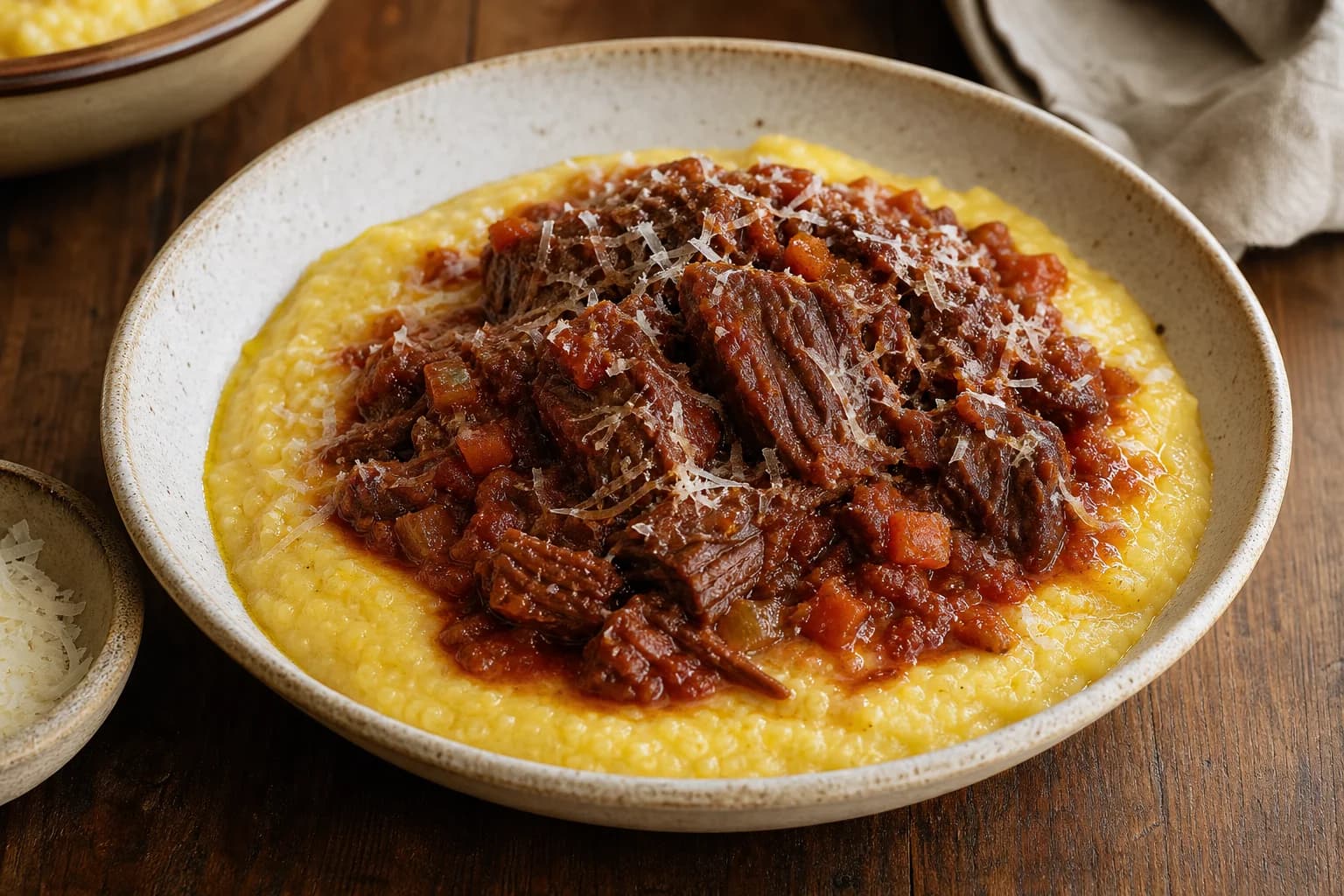 Flowing yellow polenta topped with coarse tender beef ragù, tomato, herbs, and Parmigiano-Reggiano.
