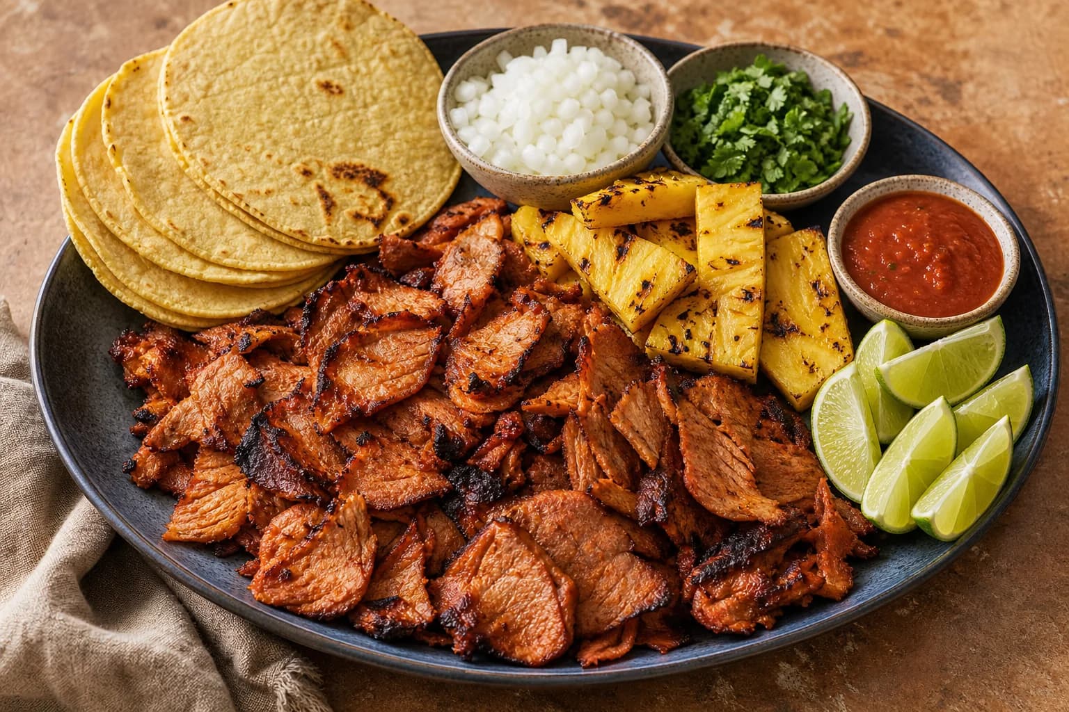 A tacos al pastor platter with crisp-edged achiote pork, charred pineapple, tortillas, onion, cilantro, lime, and salsa.